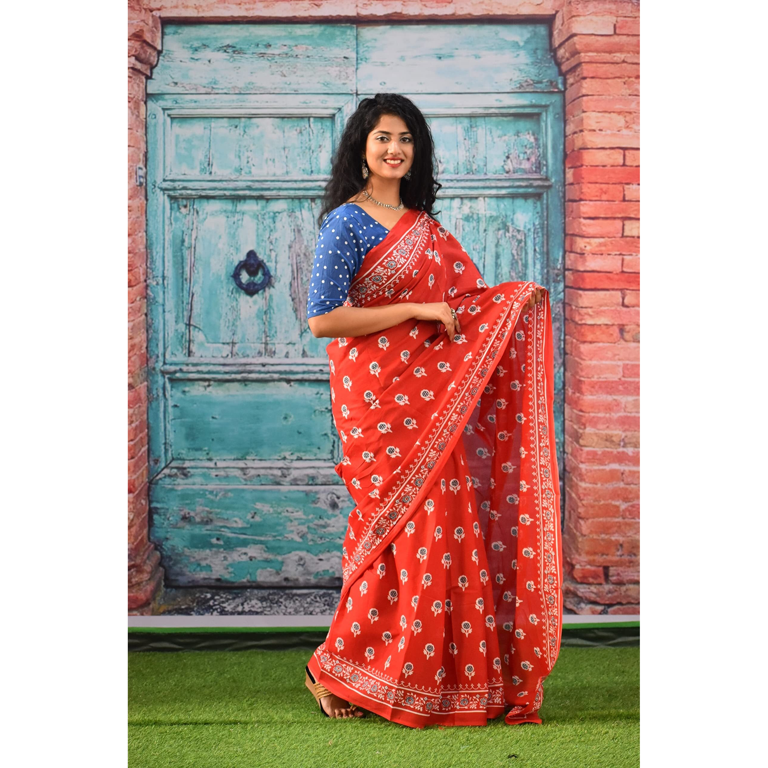 Kiaaron Womens Ikat Hand Block Print Jaipuri Cotton Mulmul Saree with Blouse Piece - Maroon_377
