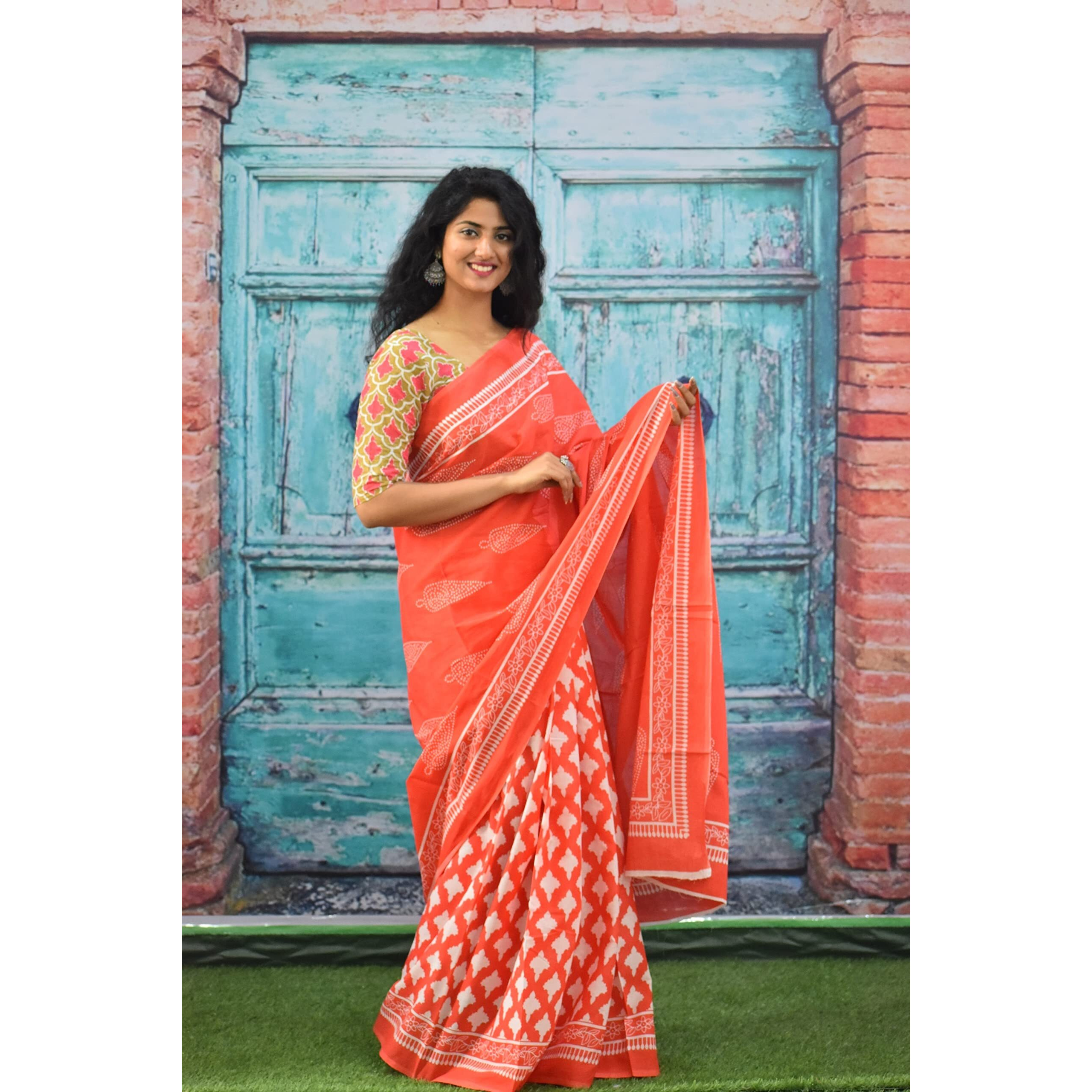 Kiaaron Womens Ikat Hand Block Print Jaipuri Cotton Mulmul Saree with Blouse Piece - Orange_374