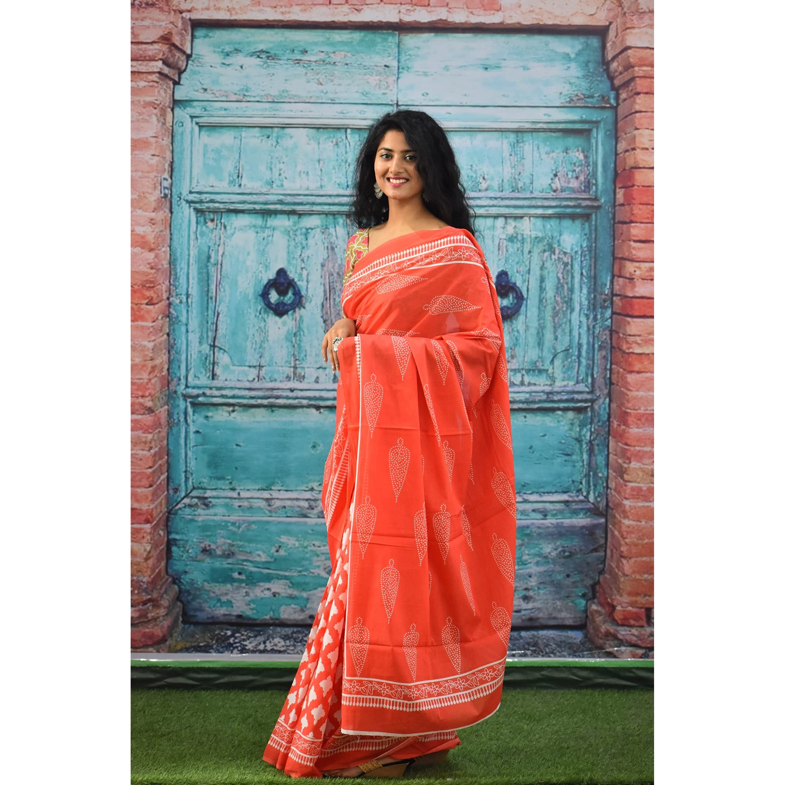 Kiaaron Womens Ikat Hand Block Print Jaipuri Cotton Mulmul Saree with Blouse Piece - Orange_374
