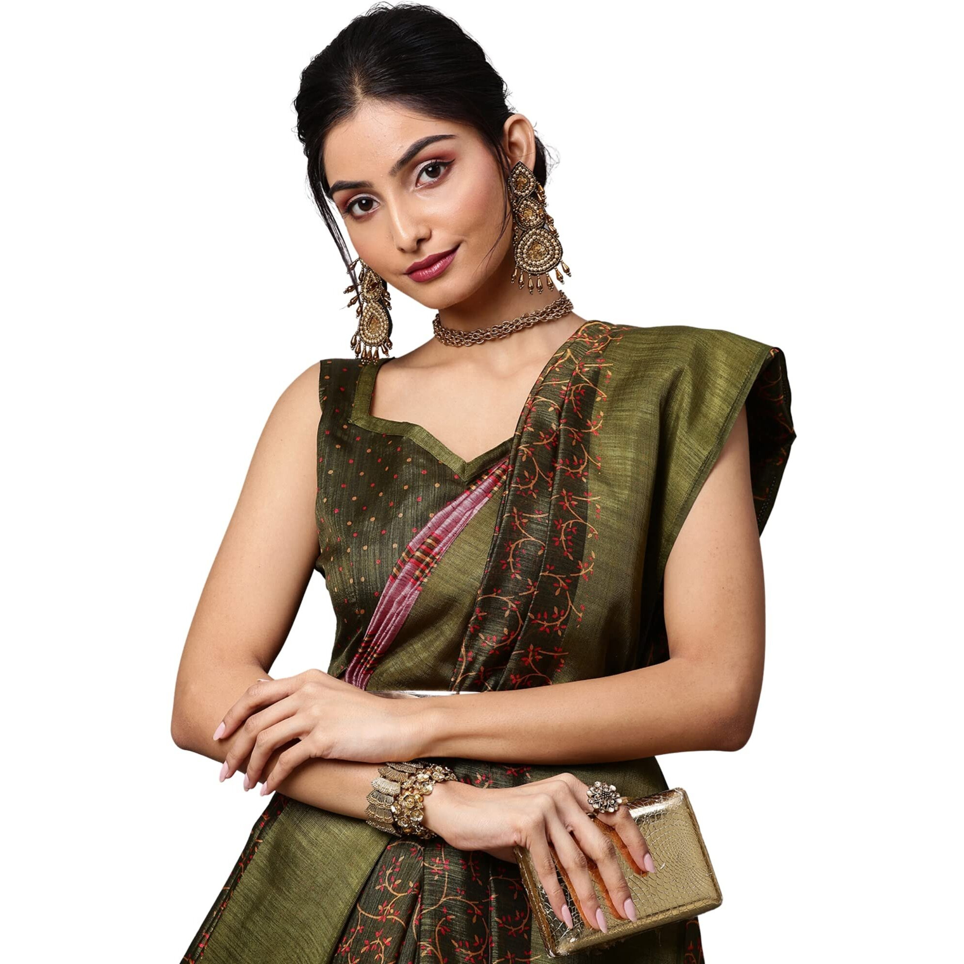 AKHILAM Womens Linen Botanical Banarasi Saree with Unstitched Blouse Piece (Olive_CARA101)