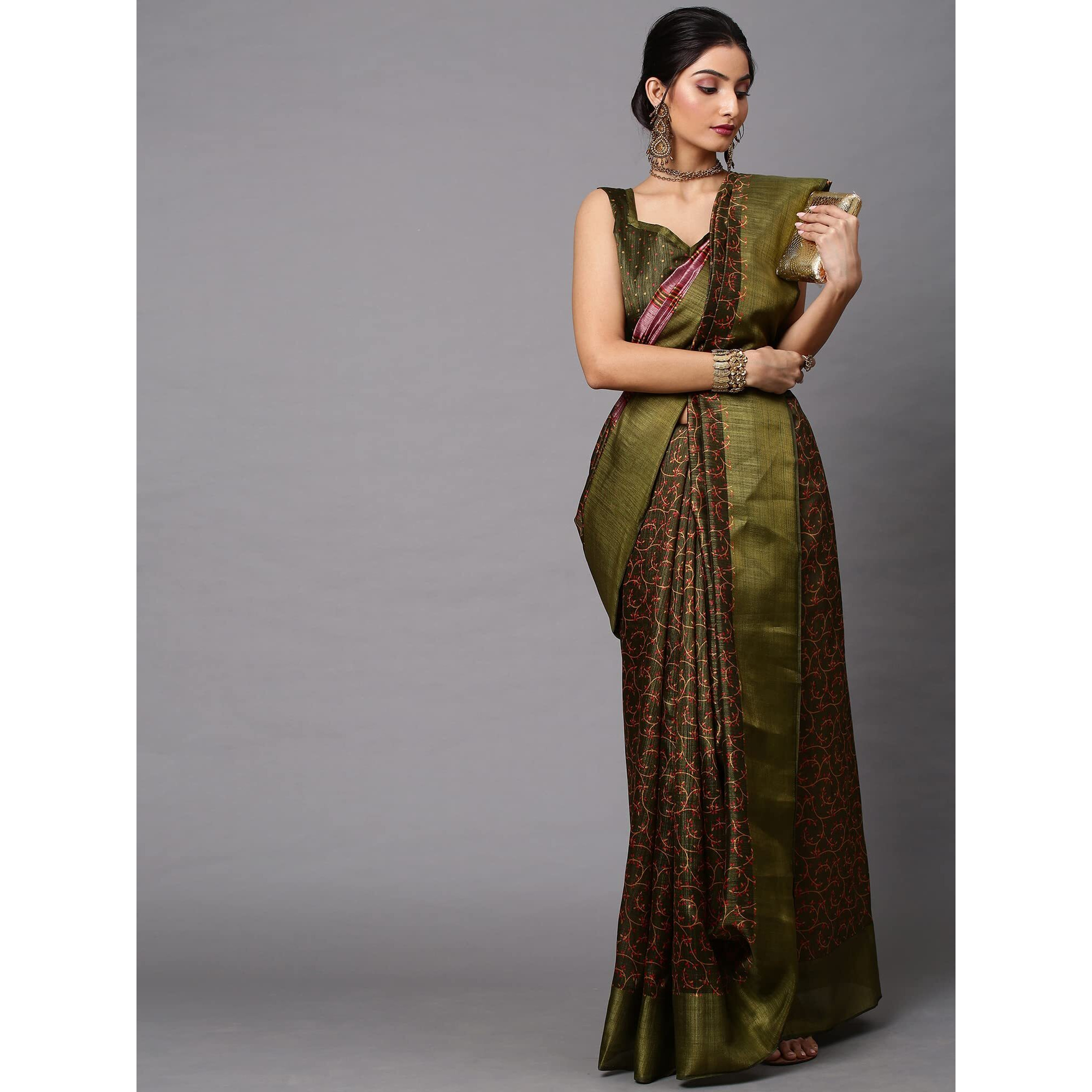 AKHILAM Womens Linen Botanical Banarasi Saree with Unstitched Blouse Piece (Olive_CARA101)