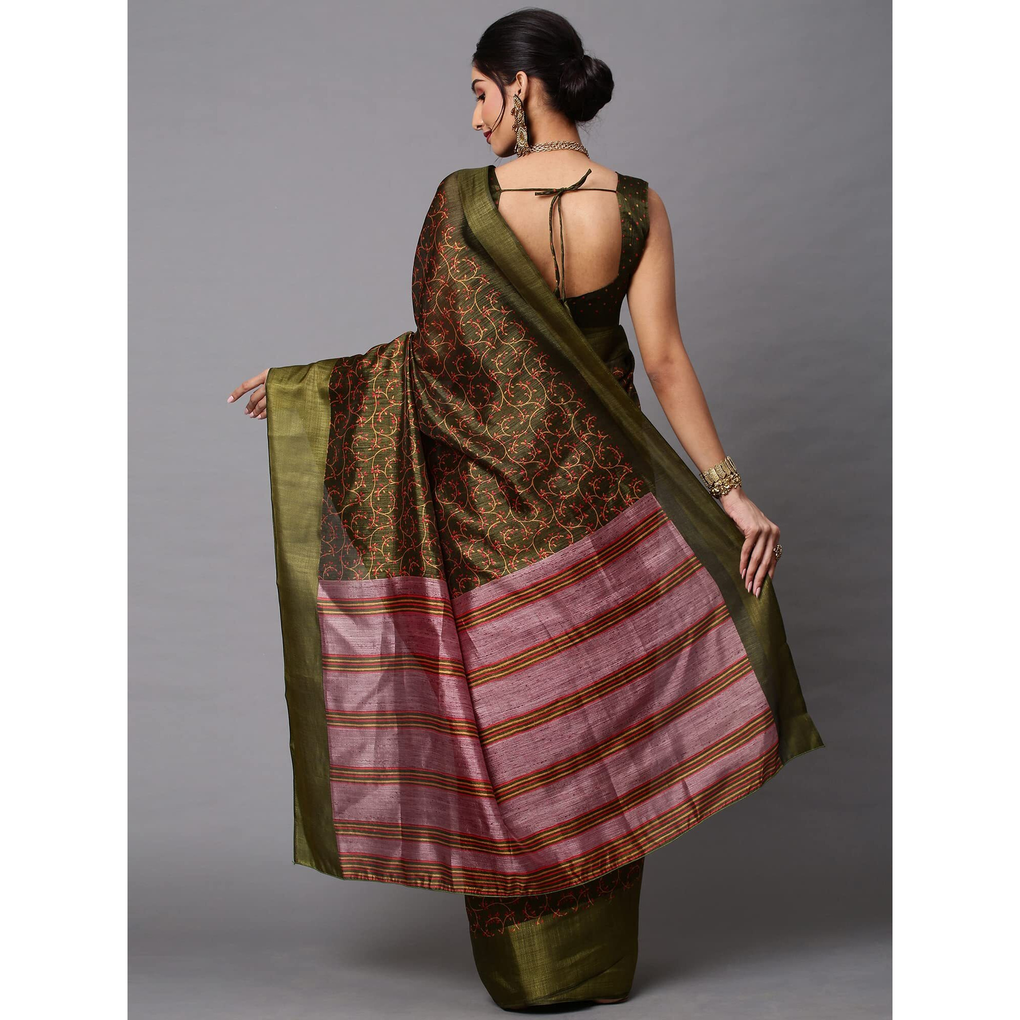 AKHILAM Womens Linen Botanical Banarasi Saree with Unstitched Blouse Piece (Olive_CARA101)