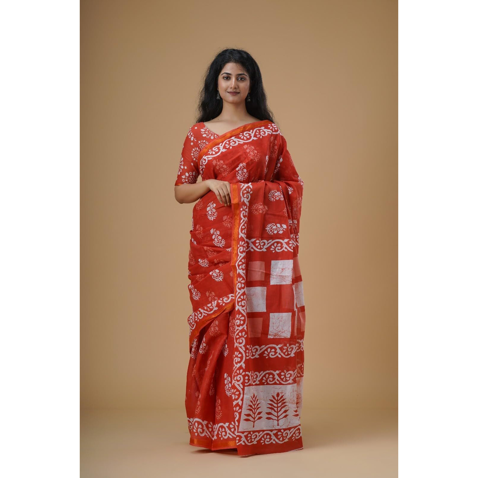Kiaaron Handicrafts Womens Ikat Hand Block Print Jaipuri Cotton Mulmul Saree Zari Border with Blouse Piece_Red_15