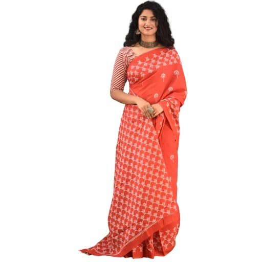 Kiaaron Womens Ikat Hand Block Print Jaipuri Cotton Mulmul Saree with Blouse Piece - Red_380