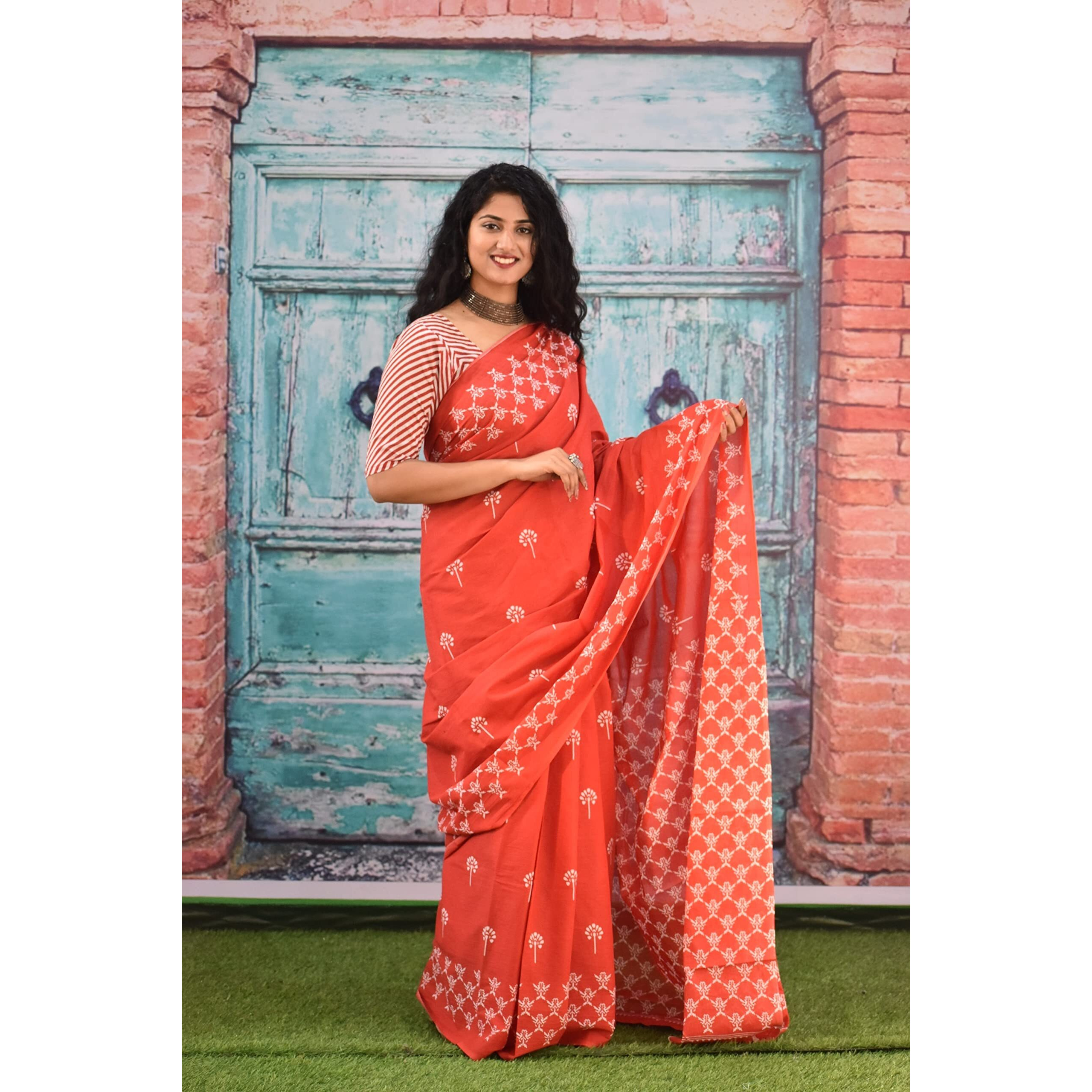 Kiaaron Womens Ikat Hand Block Print Jaipuri Cotton Mulmul Saree with Blouse Piece - Red_380