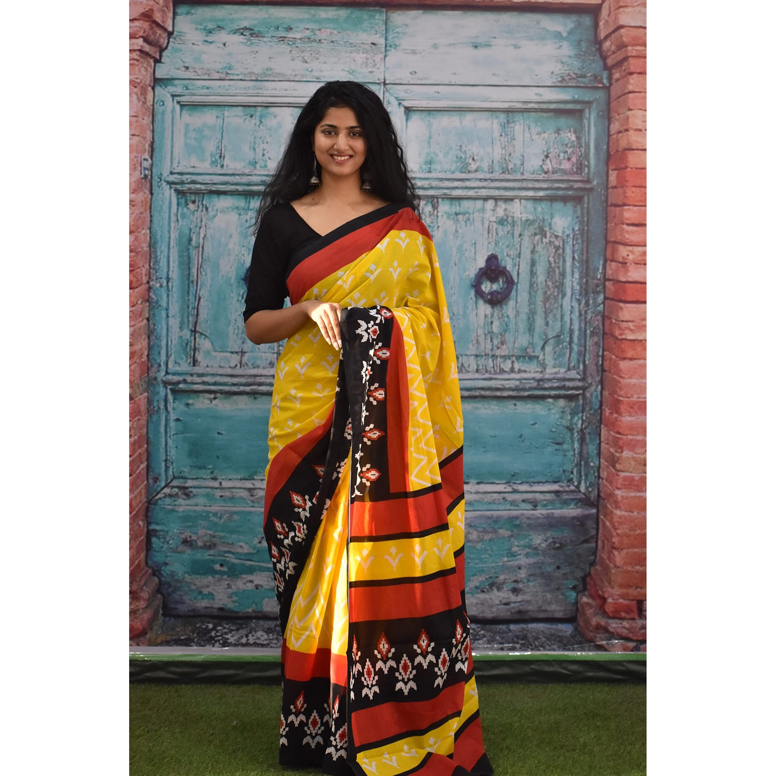 Kiaaron Womens Ikat Hand Block Print Jaipuri Cotton Mulmul Saree with Blouse Piece - Yellow_383