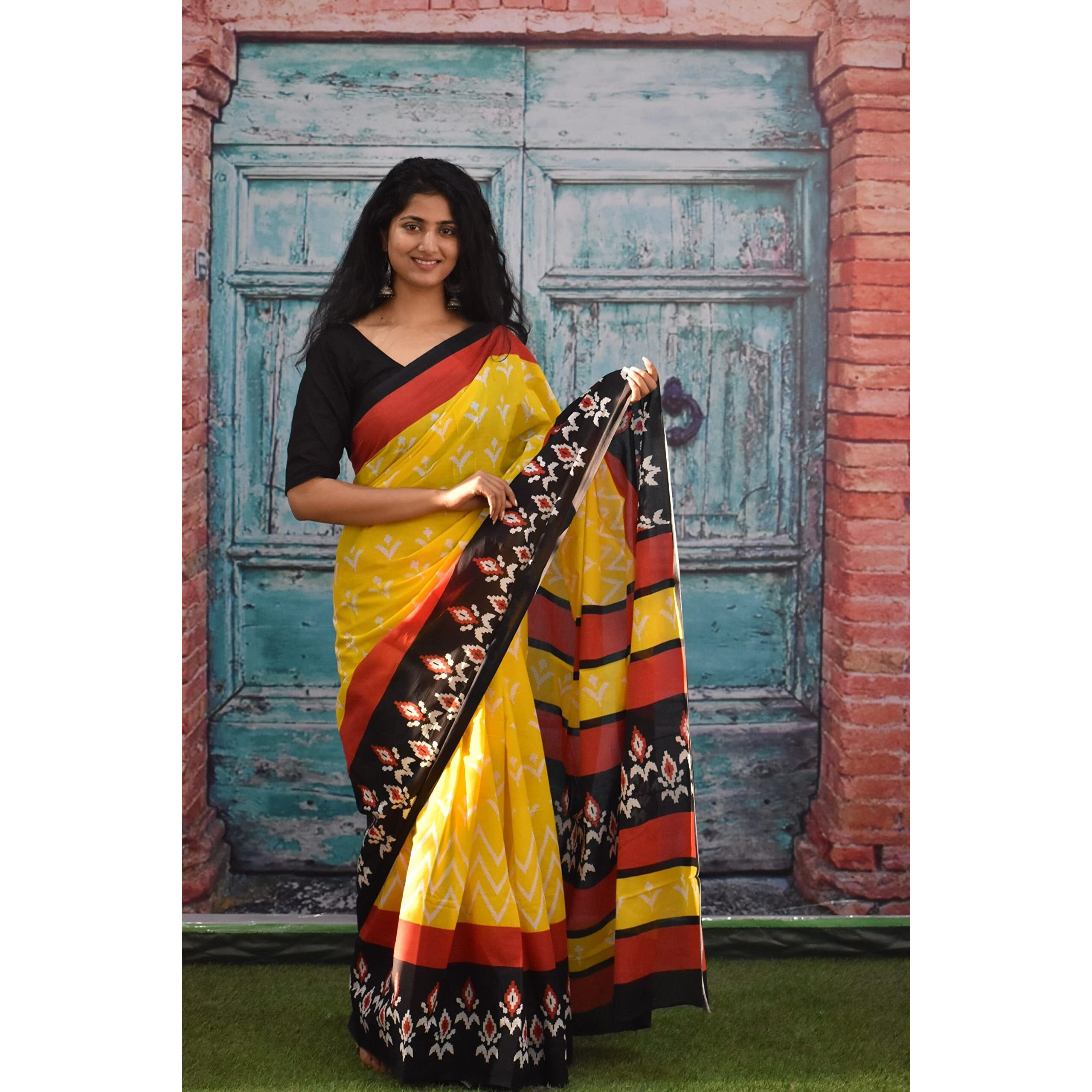 Kiaaron Womens Ikat Hand Block Print Jaipuri Cotton Mulmul Saree with Blouse Piece - Yellow_383