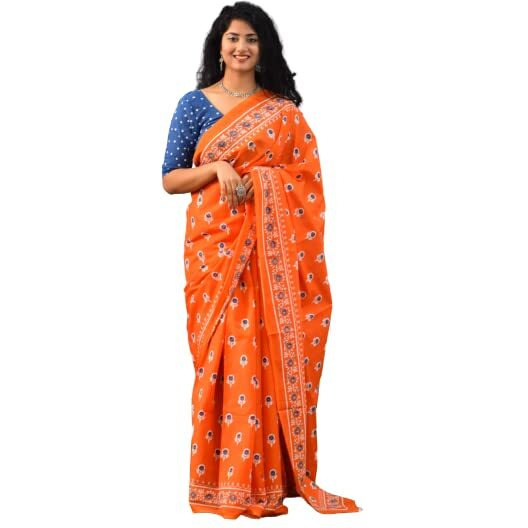 Kiaaron Womens Ikat Hand Block Print Jaipuri Cotton Mulmul Saree with Blouse Piece - Orange_376