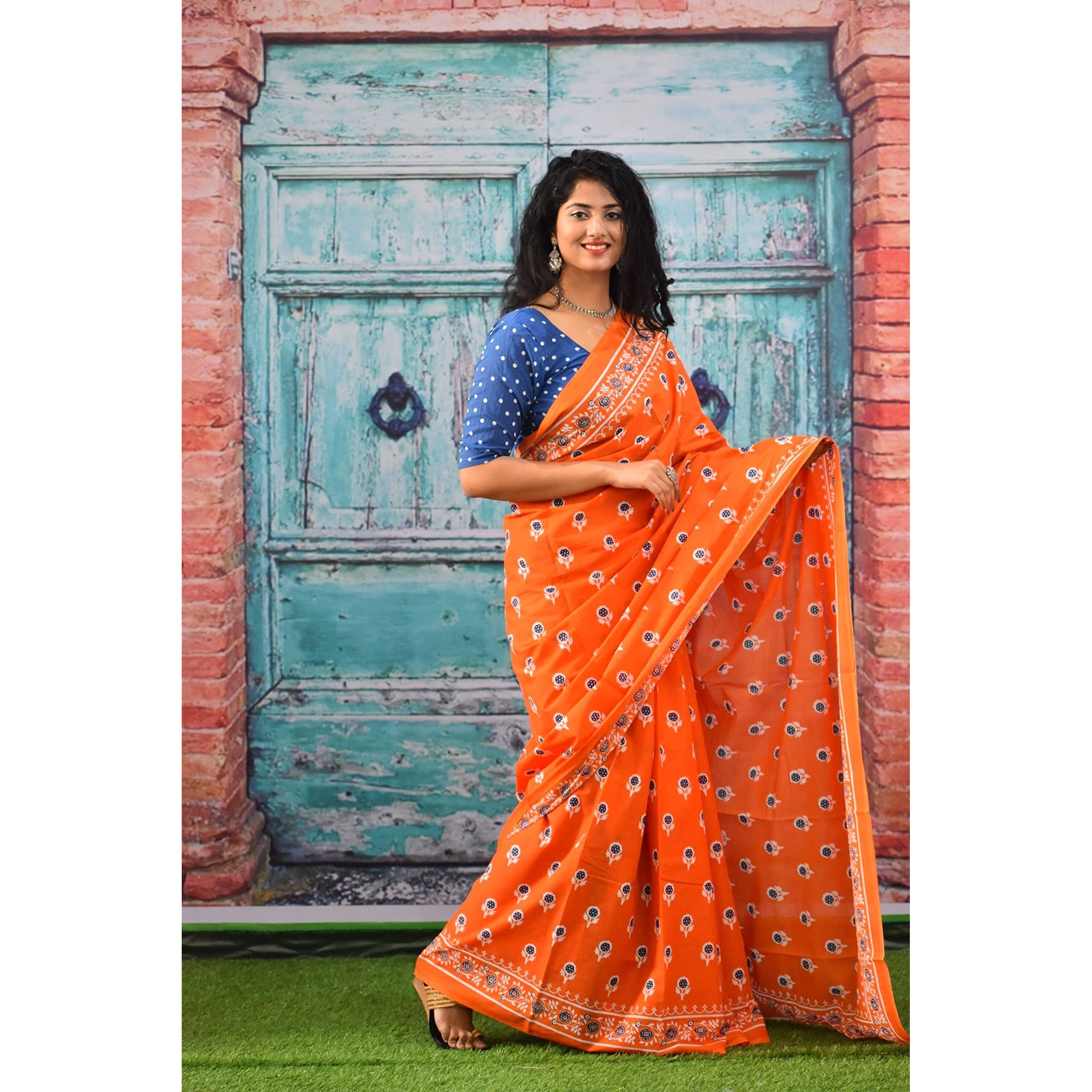 Kiaaron Womens Ikat Hand Block Print Jaipuri Cotton Mulmul Saree with Blouse Piece - Orange_376