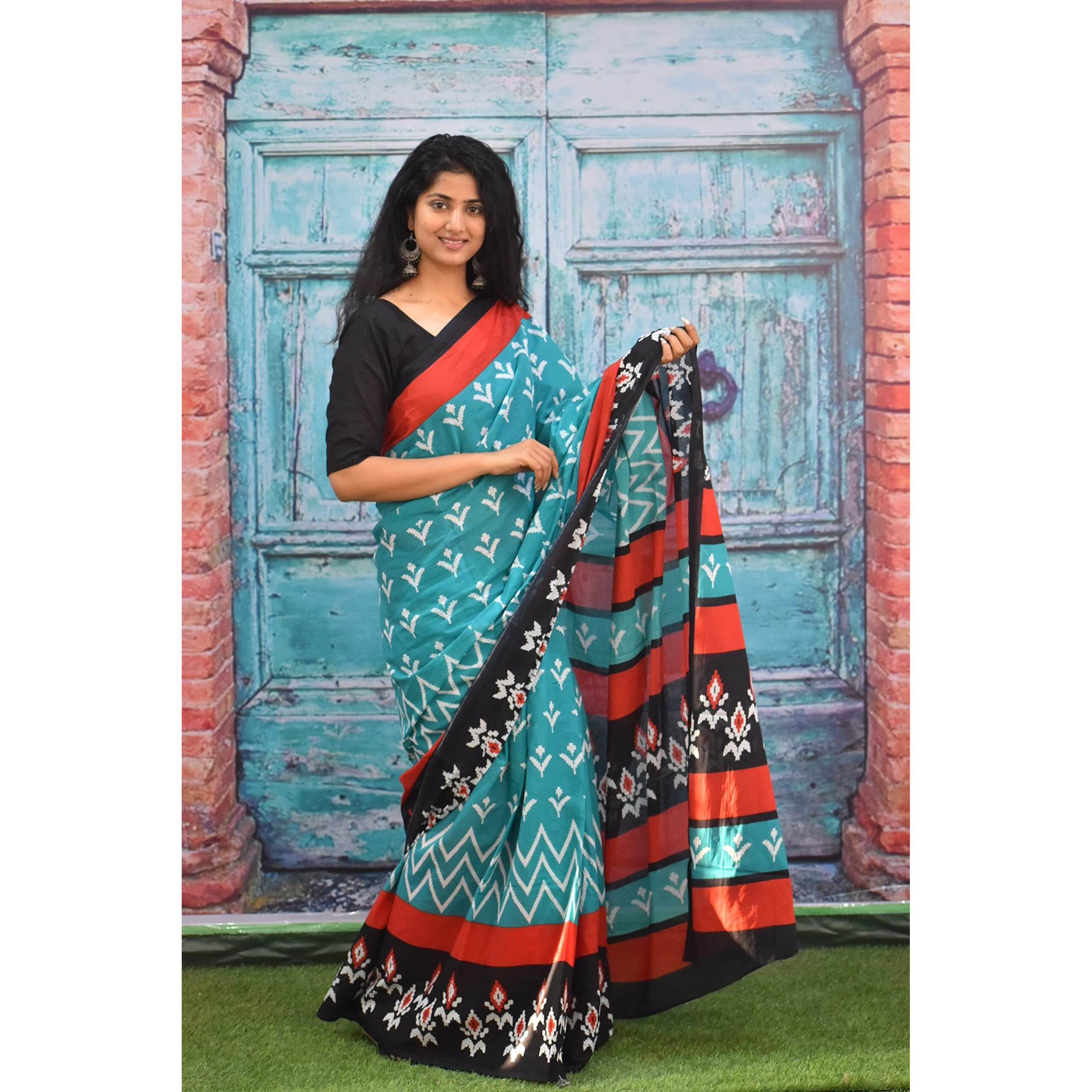 Kiaaron Womens Ikat Hand Block Print Jaipuri Cotton Mulmul Saree with Blouse Piece - Green_381