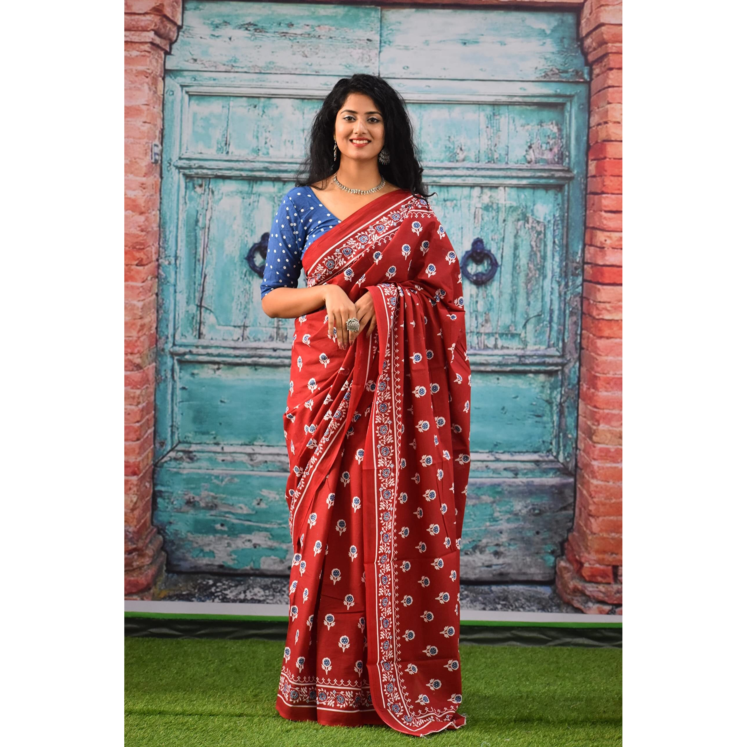 Kiaaron Womens Ikat Hand Block Print Jaipuri Cotton Mulmul Saree with Blouse Piece - Maroon_375