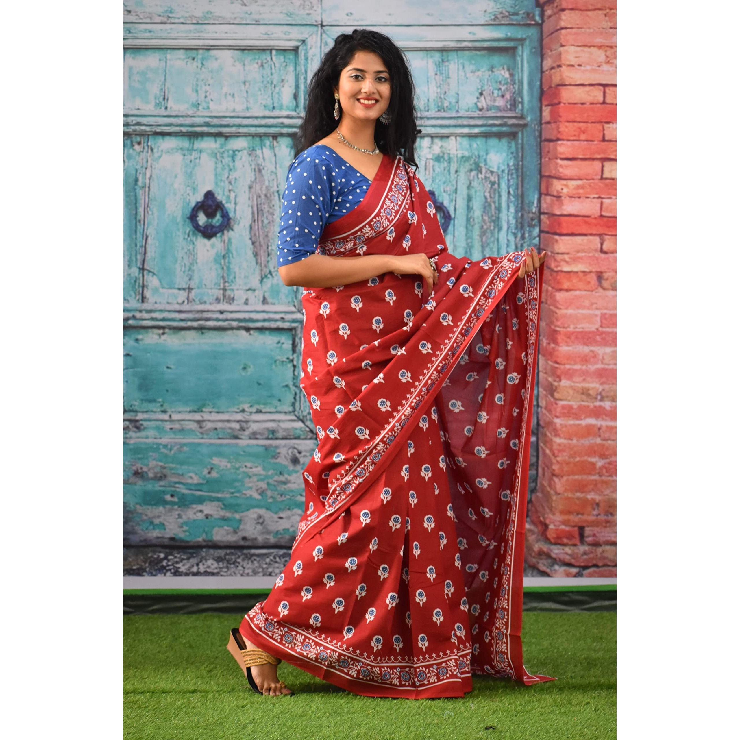 Kiaaron Womens Ikat Hand Block Print Jaipuri Cotton Mulmul Saree with Blouse Piece - Maroon_375
