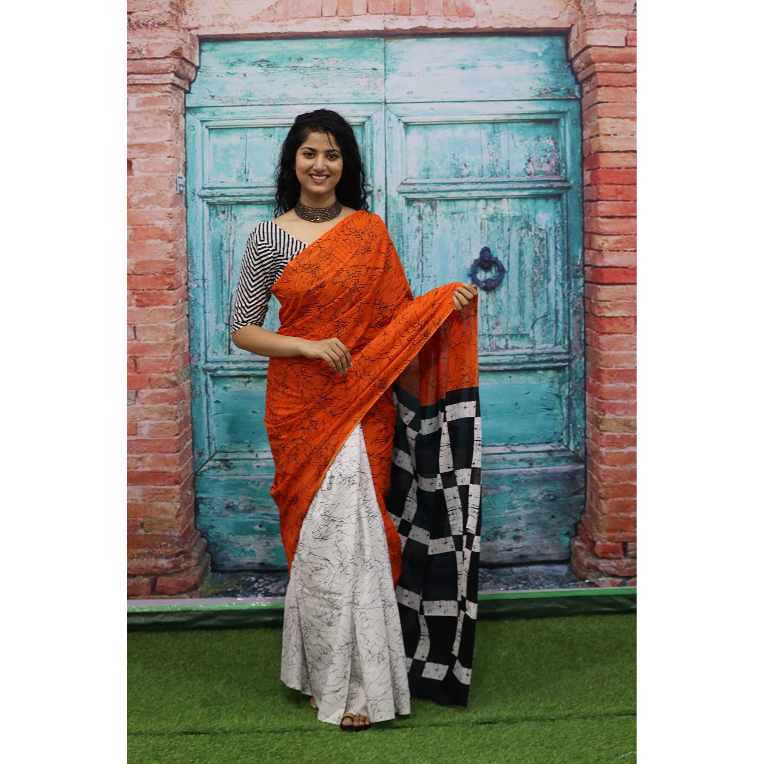 Kiaaron Womens Ikat Hand Block Print Jaipuri Cotton Mulmul Saree with Blouse Piece - Orange_372