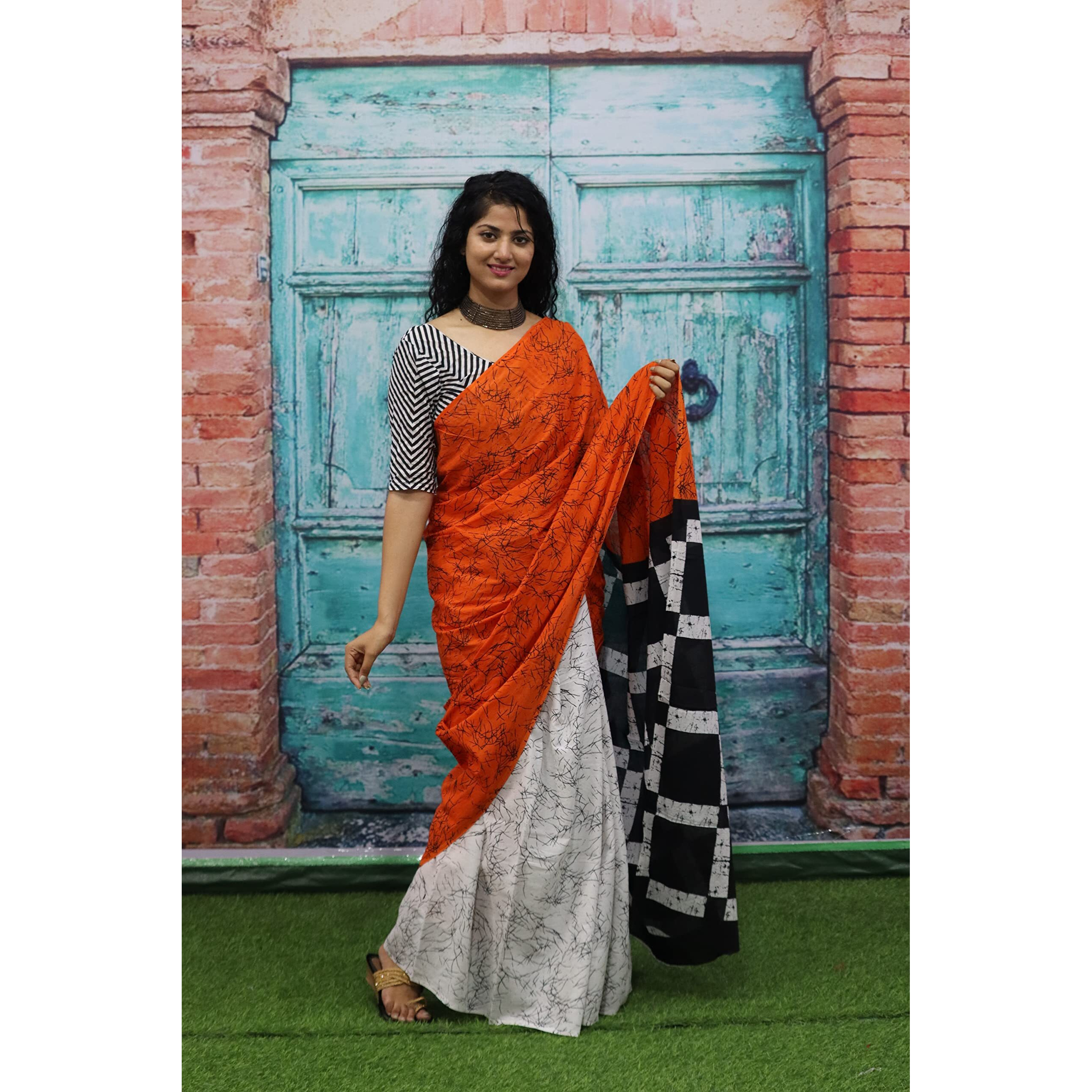 Kiaaron Womens Ikat Hand Block Print Jaipuri Cotton Mulmul Saree with Blouse Piece - Orange_372