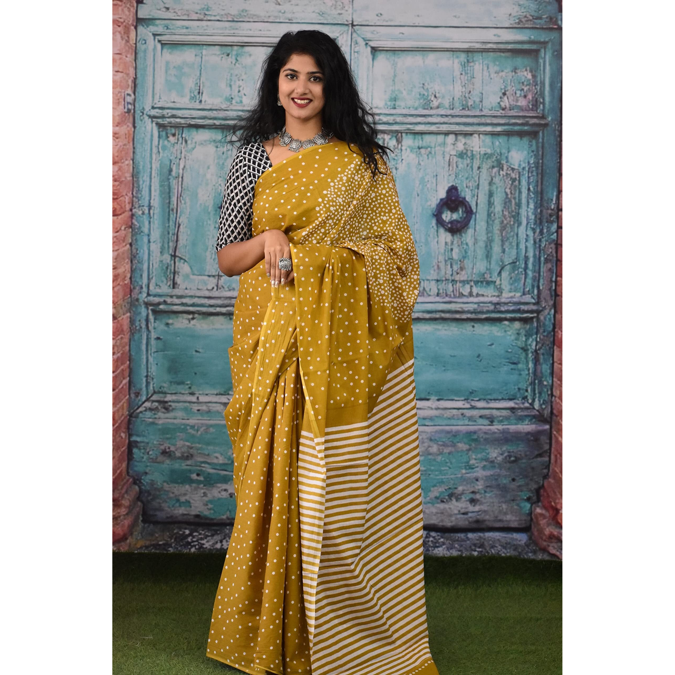 Kiaaron Womens Ikat Hand Block Print Jaipuri Cotton Mulmul Saree with Blouse Piece - Mustard_283