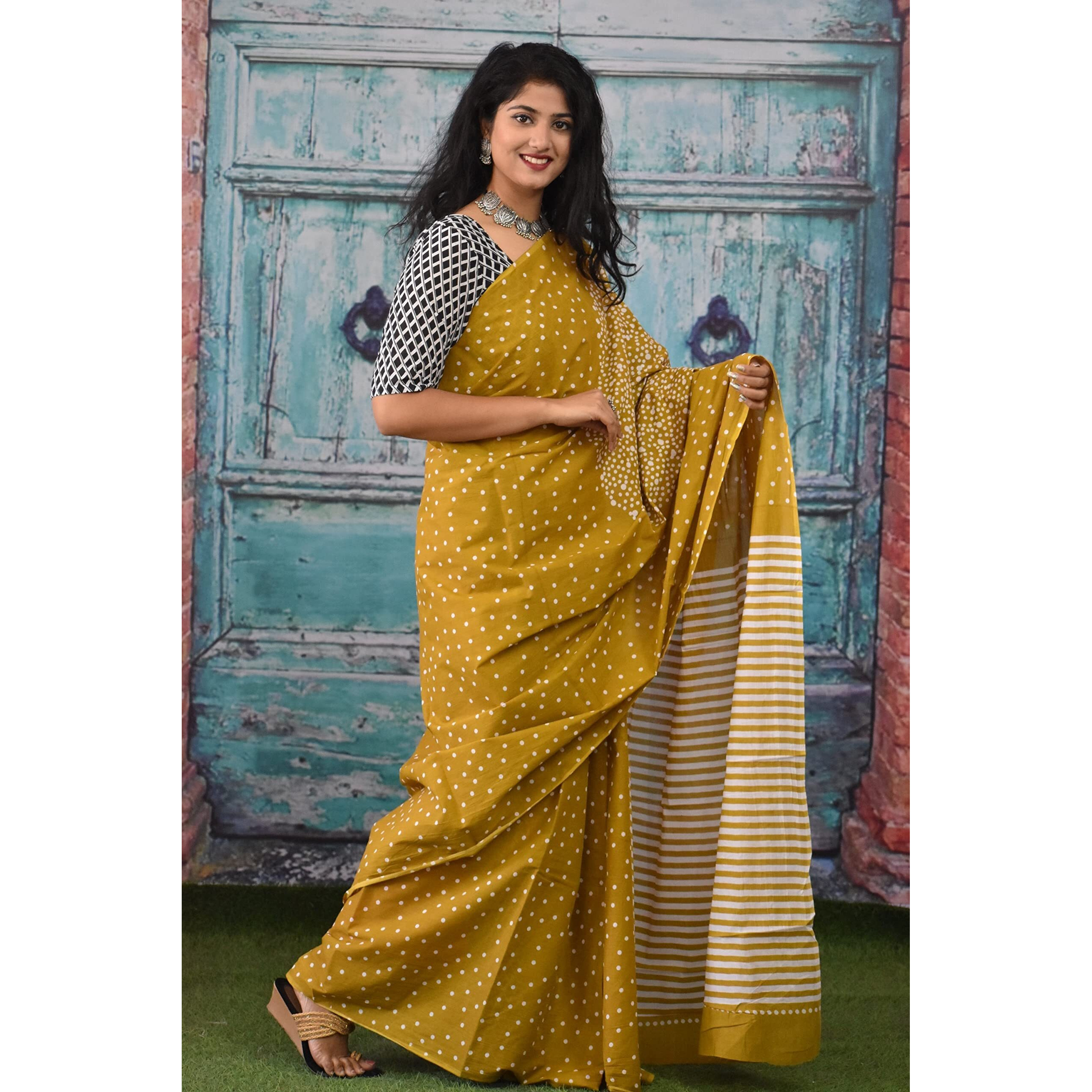 Kiaaron Womens Ikat Hand Block Print Jaipuri Cotton Mulmul Saree with Blouse Piece - Mustard_283