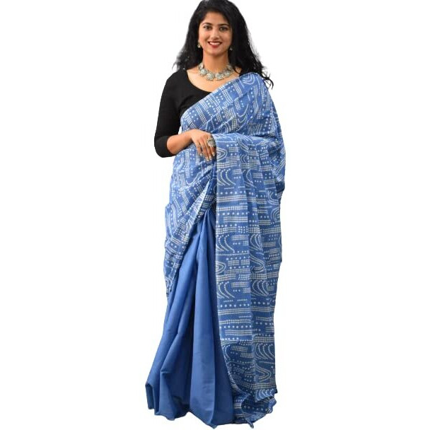 Kiaaron Womens Ikat Hand Block Print Jaipuri Cotton Mulmul Saree with Blouse Piece - Blue_282