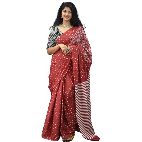 Kiaaron Womens Ikat Hand Block Print Jaipuri Cotton Mulmul Saree with Blouse Piece - Maroon_284