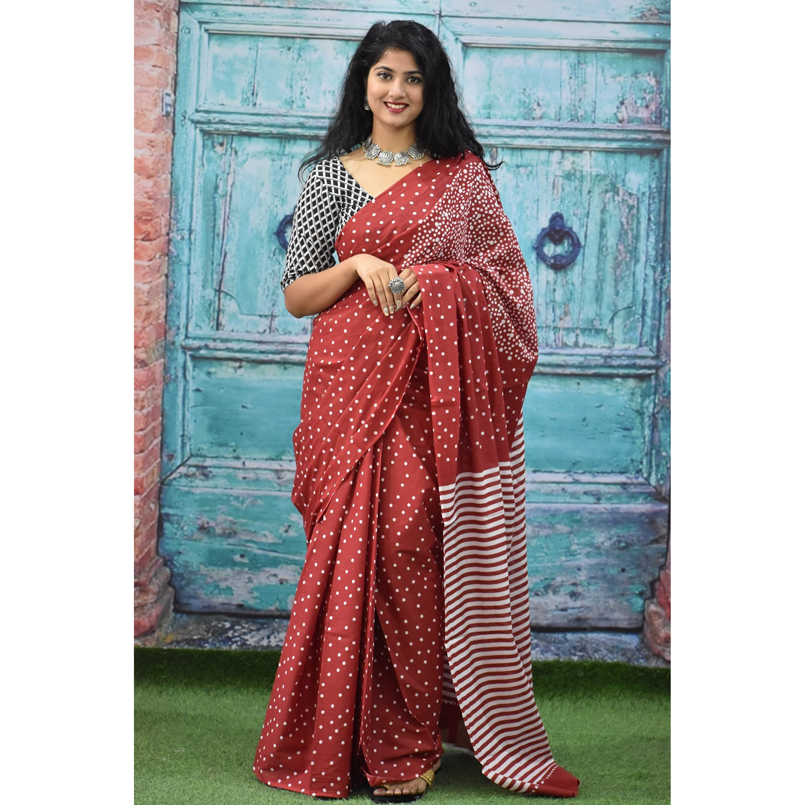Kiaaron Womens Ikat Hand Block Print Jaipuri Cotton Mulmul Saree with Blouse Piece - Maroon_284