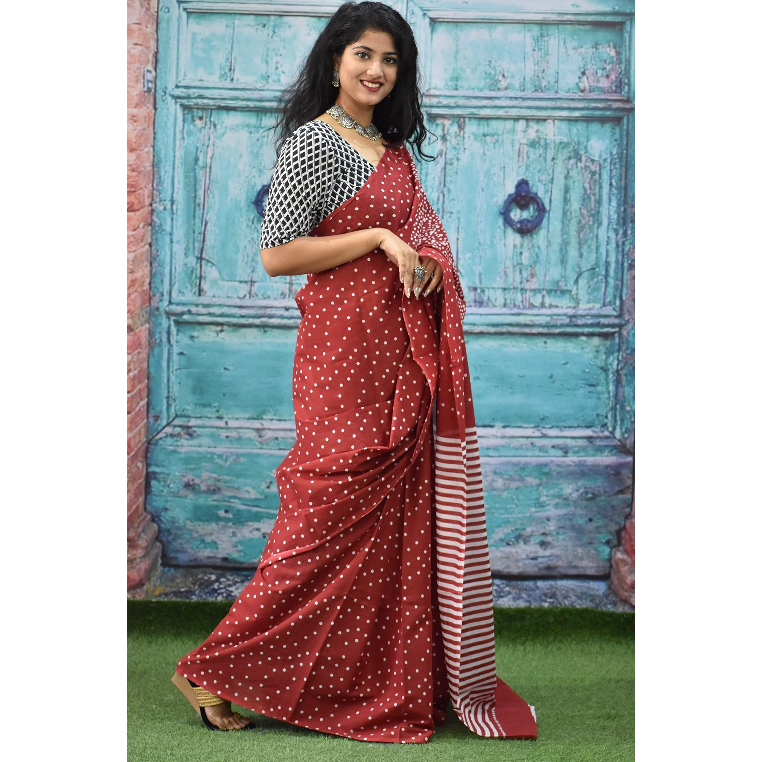 Kiaaron Womens Ikat Hand Block Print Jaipuri Cotton Mulmul Saree with Blouse Piece - Maroon_284