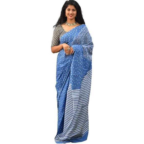 Kiaaron Womens Ikat Hand Block Print Jaipuri Cotton Mulmul Saree with Blouse Piece - Neavy Blue_285