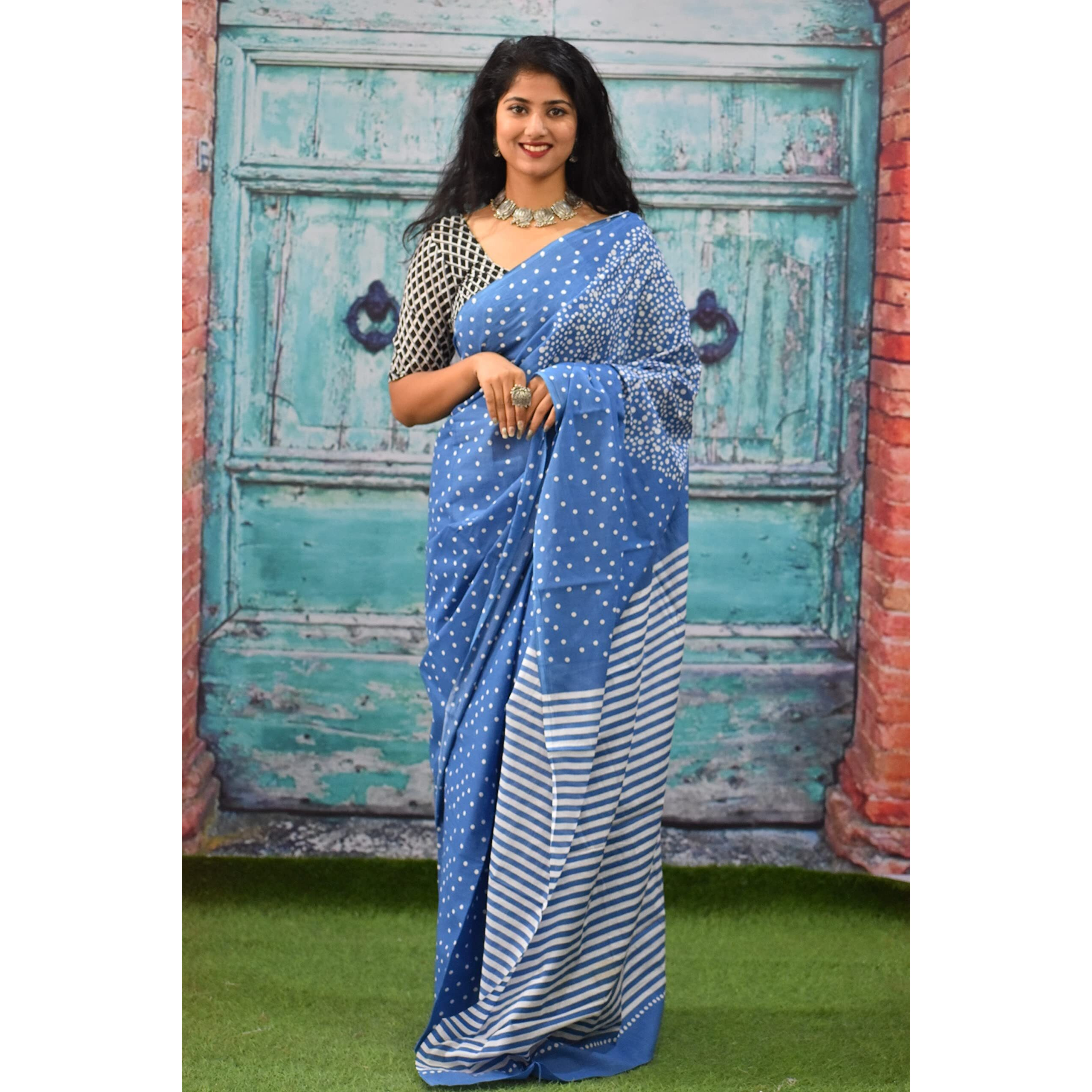 Kiaaron Womens Ikat Hand Block Print Jaipuri Cotton Mulmul Saree with Blouse Piece - Neavy Blue_285