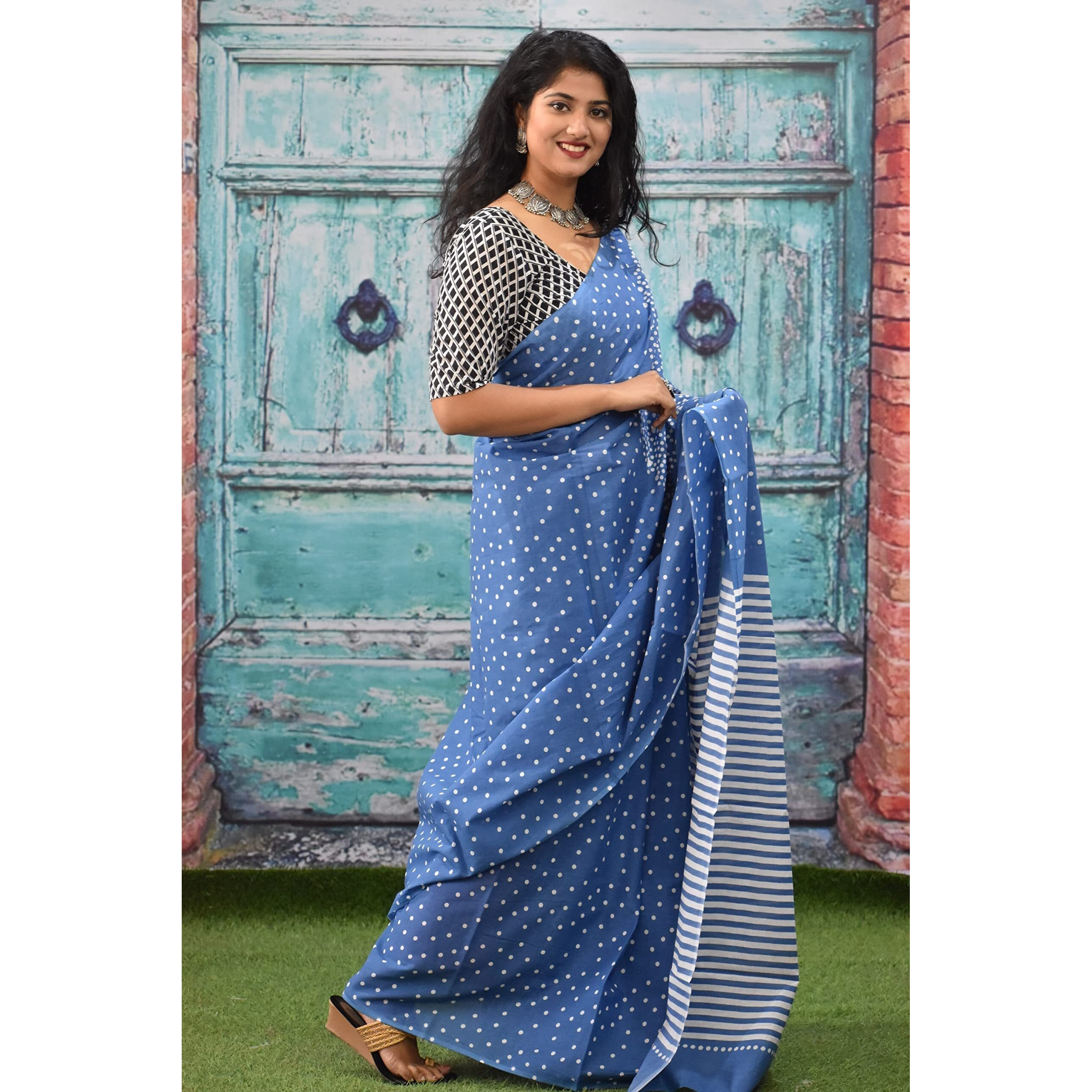 Kiaaron Womens Ikat Hand Block Print Jaipuri Cotton Mulmul Saree with Blouse Piece - Neavy Blue_285