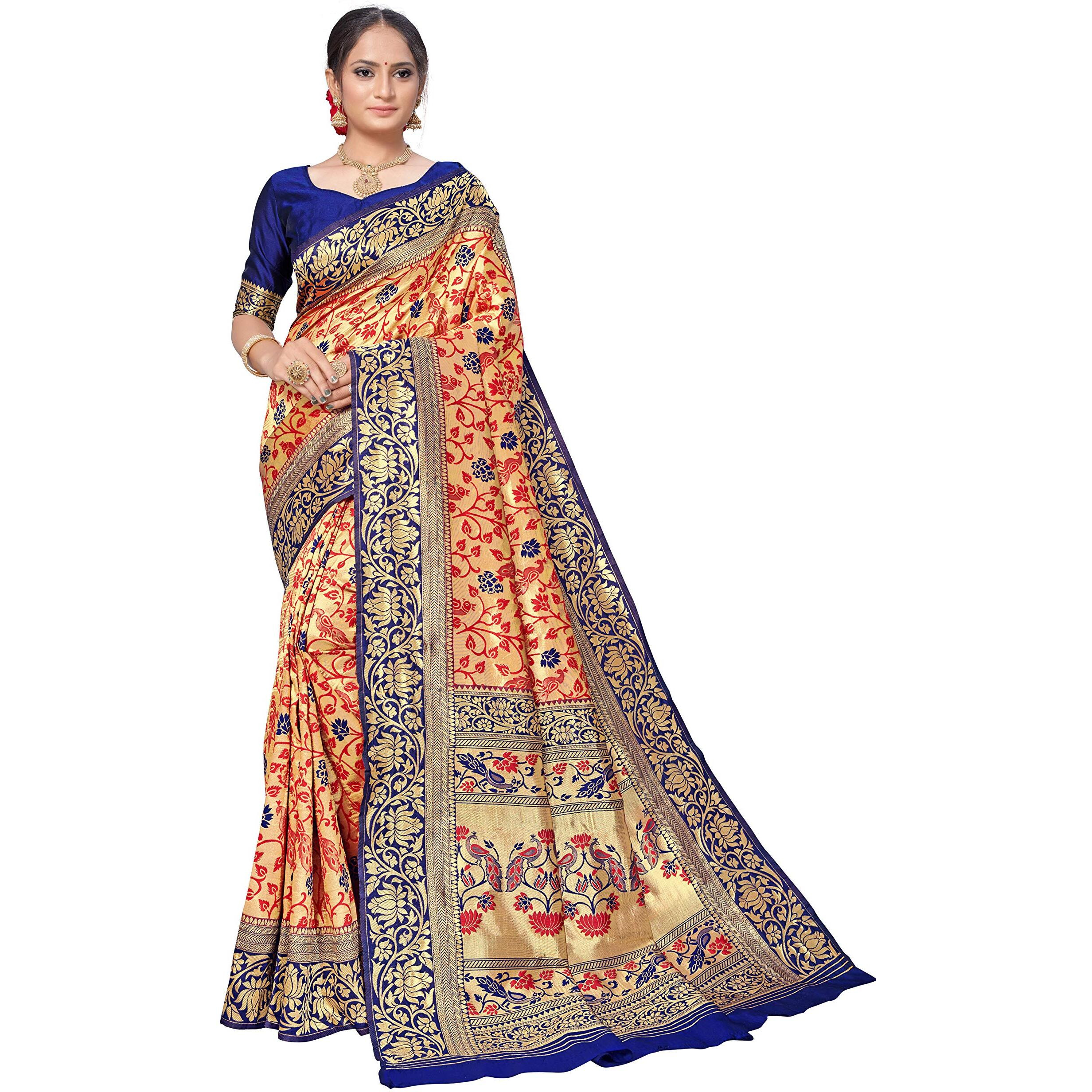 AKHILAM Womens Kanjivarm Silk Saree with Blouse Piece (Red and Blue, VPRWT7408)