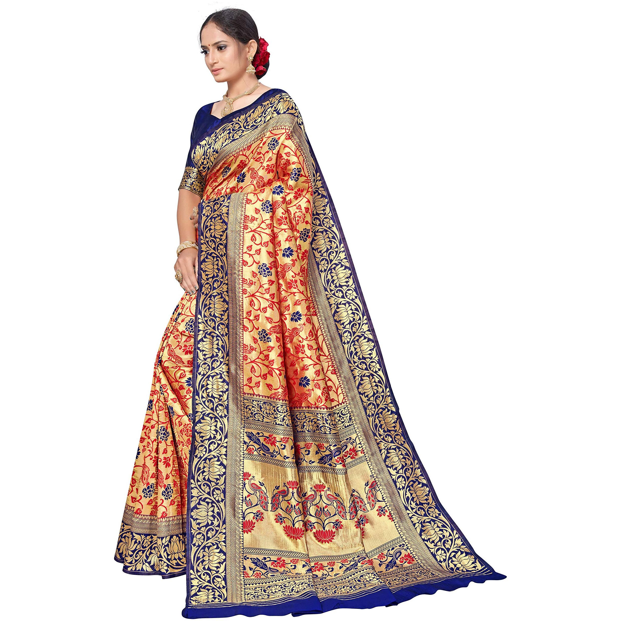 AKHILAM Womens Kanjivarm Silk Saree with Blouse Piece (Red and Blue, VPRWT7408)