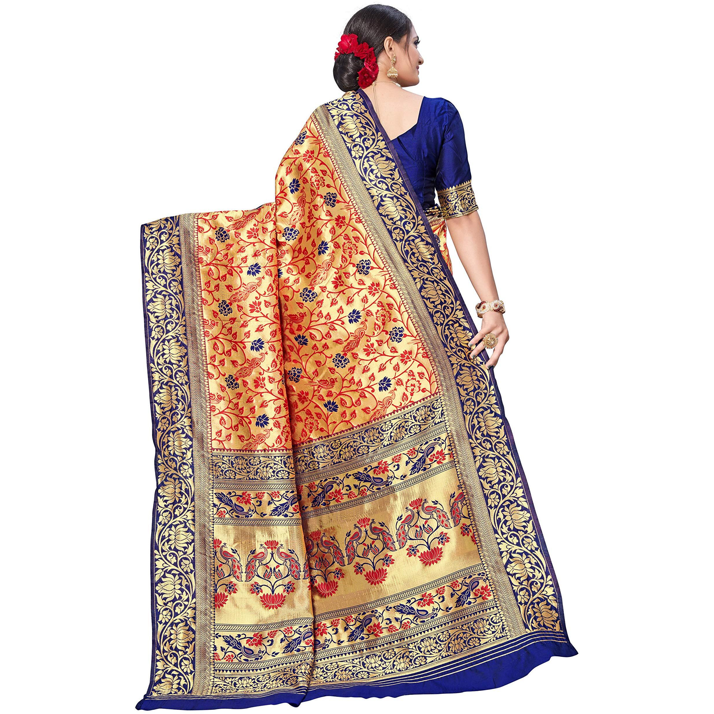 AKHILAM Womens Kanjivarm Silk Saree with Blouse Piece (Red and Blue, VPRWT7408)