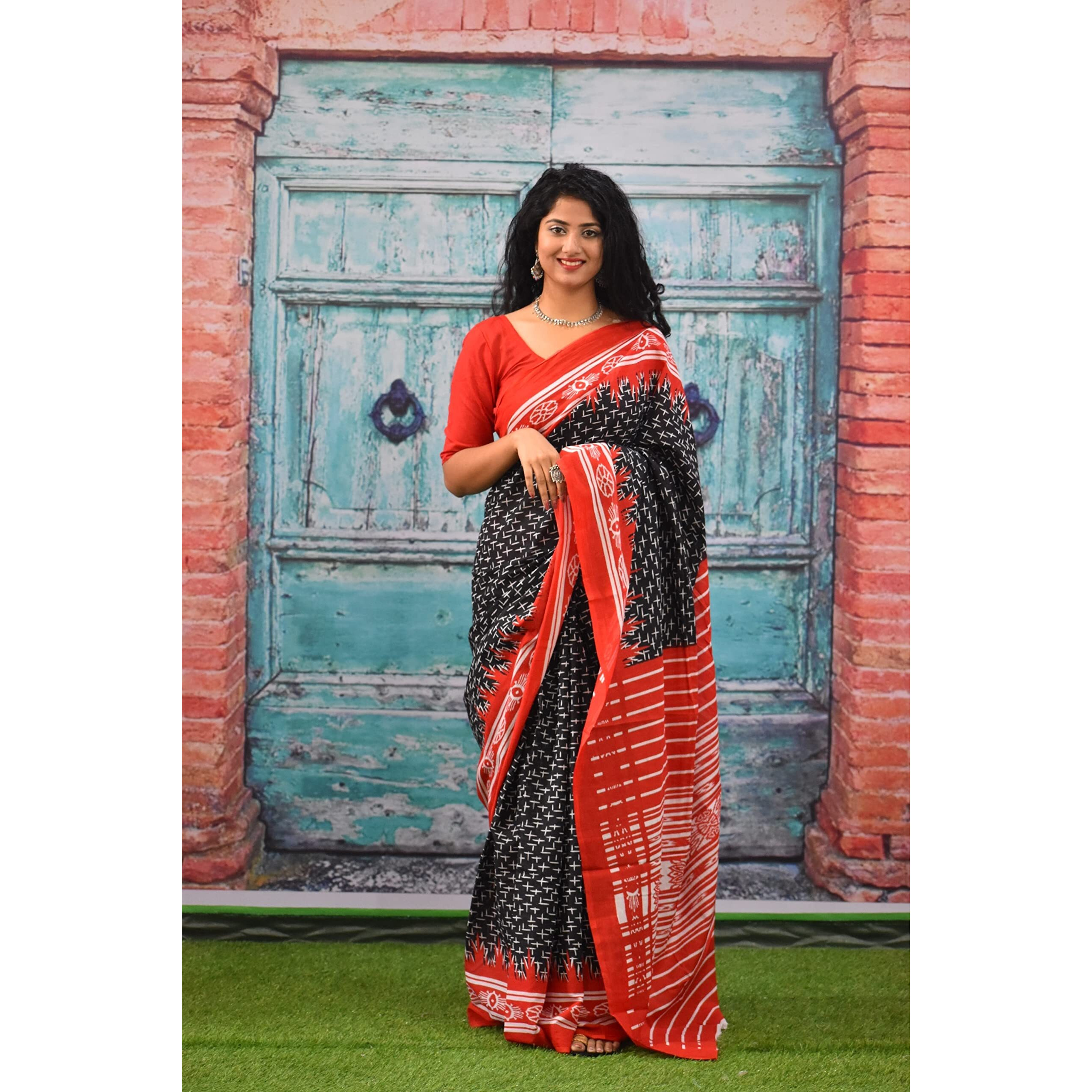 Kiaaron Womens Ikat Hand Block Print Jaipuri Cotton Mulmul Saree with Blouse Piece - Black_278