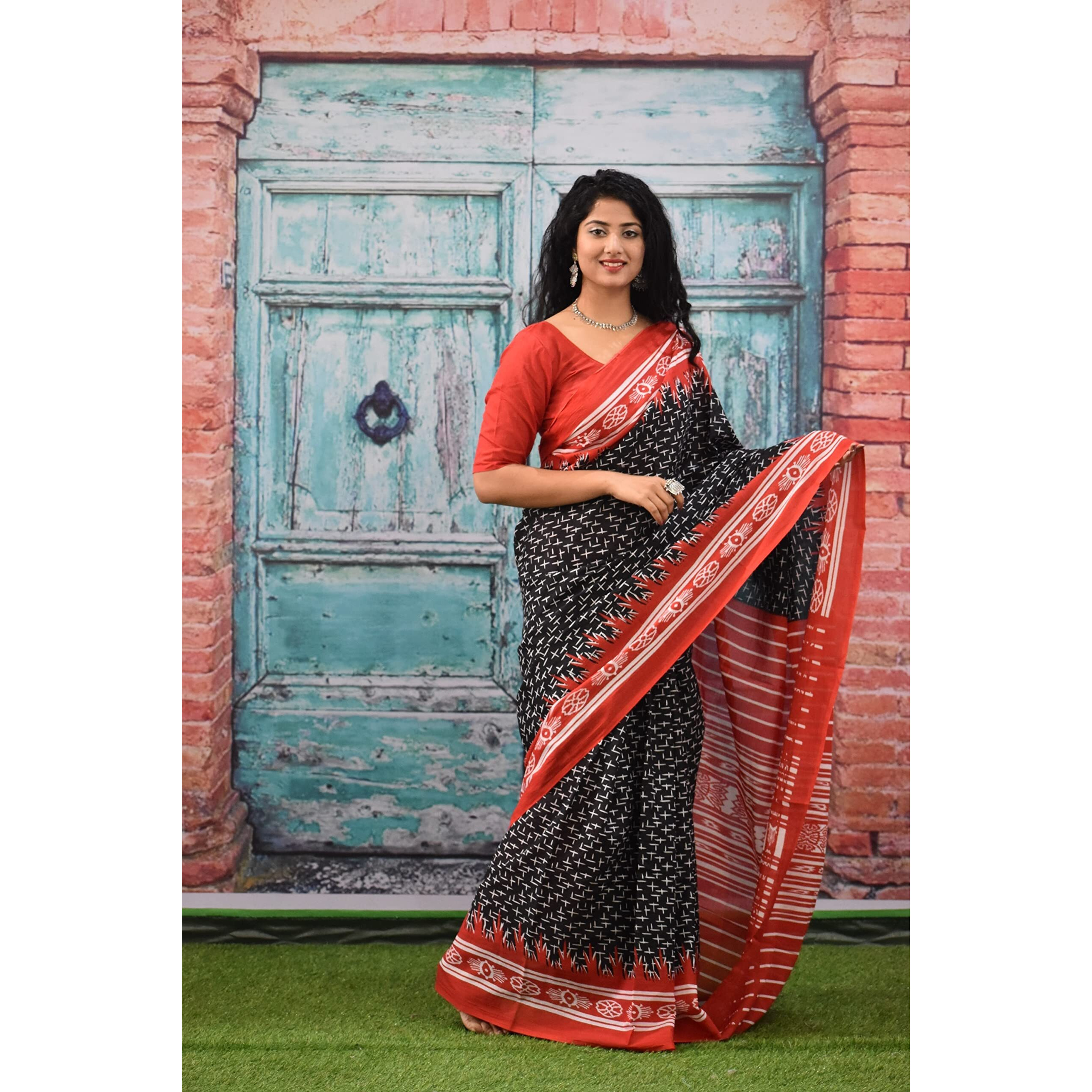 Kiaaron Womens Ikat Hand Block Print Jaipuri Cotton Mulmul Saree with Blouse Piece - Black_278