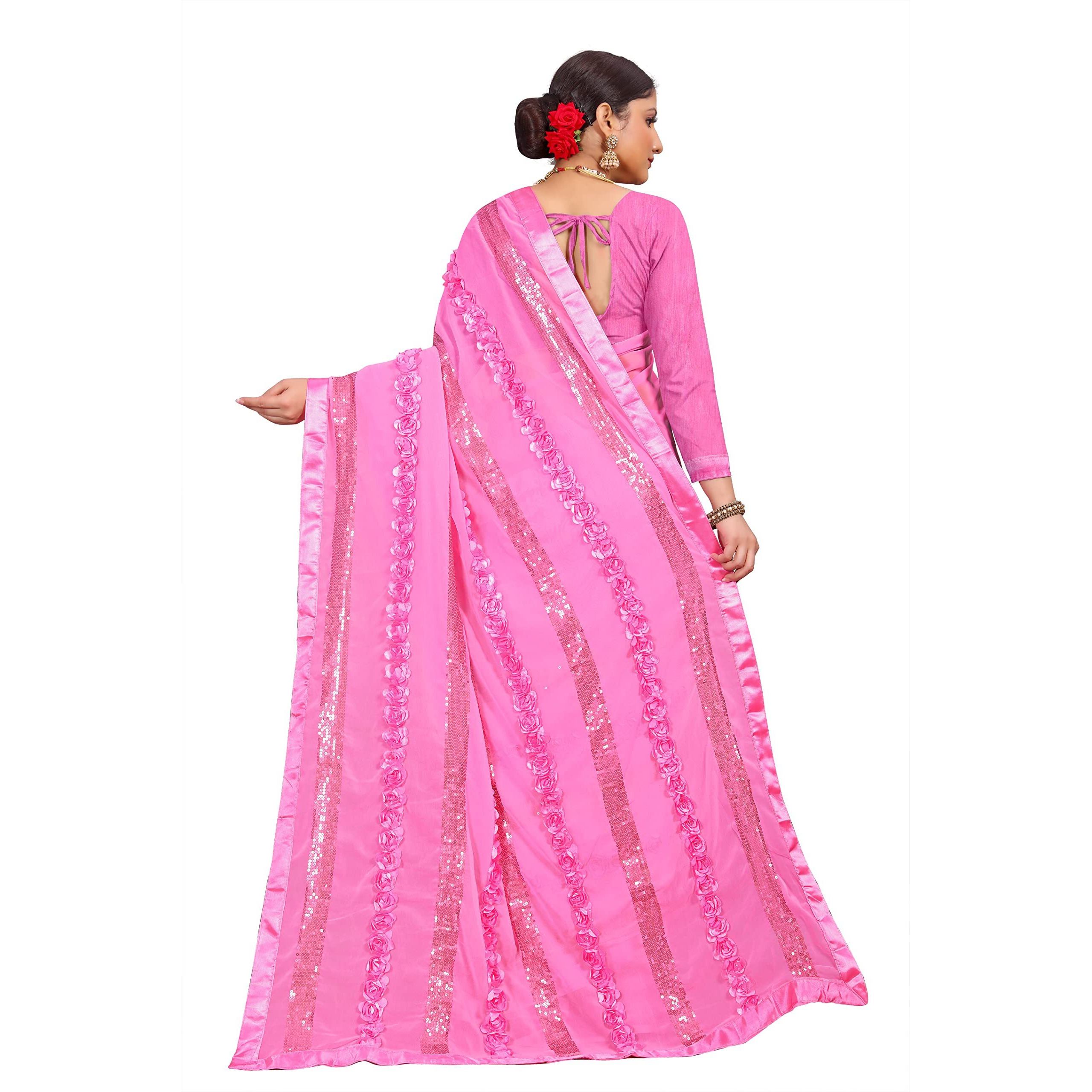 Shasmi Pink Embroidered Embellished Georgette Sari With Blouse Piece Saree For Women Ribbion Sequance Pink
