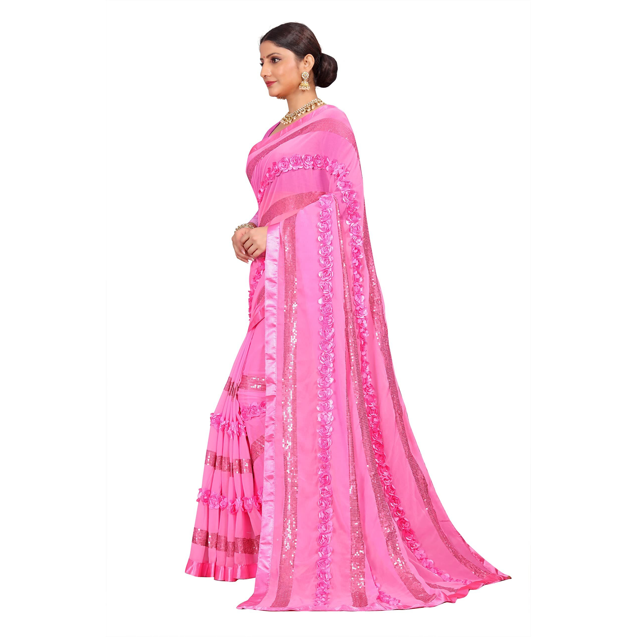 Shasmi Pink Embroidered Embellished Georgette Sari With Blouse Piece Saree For Women Ribbion Sequance Pink