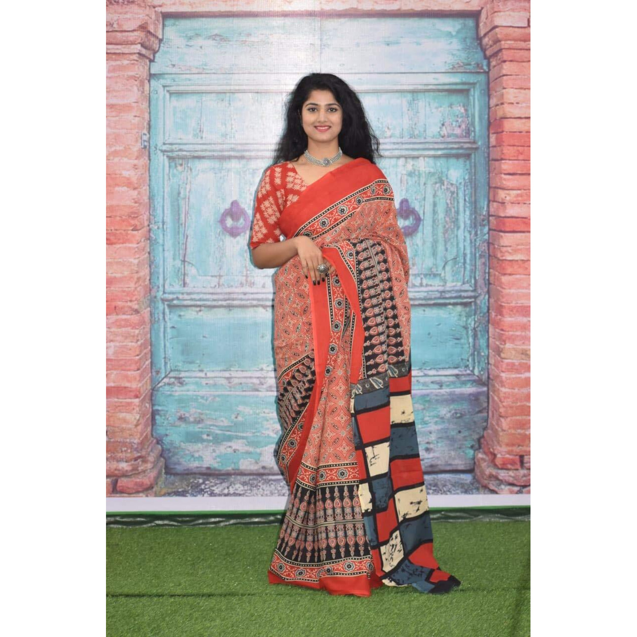 Kiaaron Womens Hand Block Kalamkari Batik Bagru Jaipuri Ikat Printed Handloom Pure Cotton Mulmul Traditional Ethnic Cotton Sarees With Printed Blouse Piece - Red
