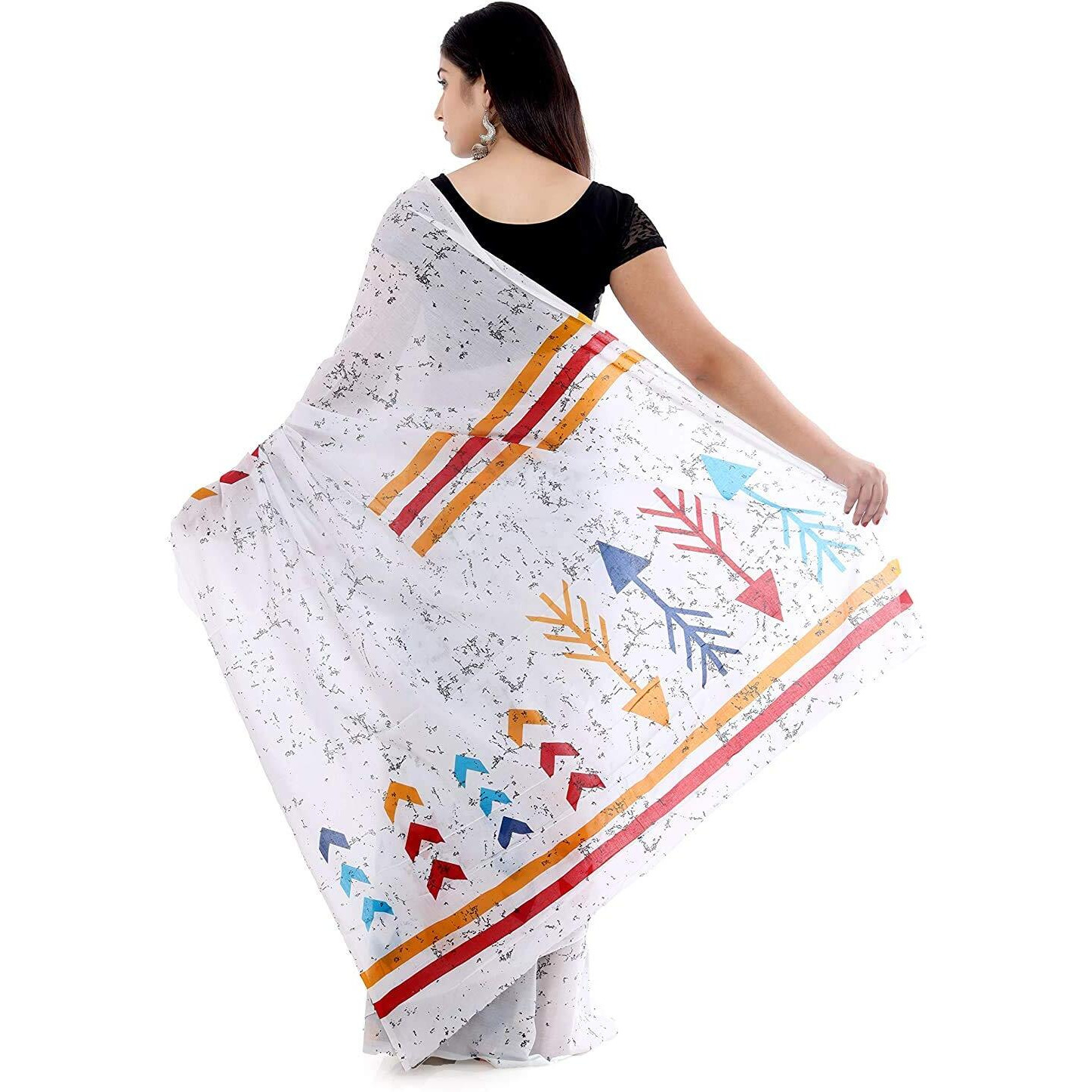 Kiaaron Womens Hand Block Kalamkari Batik Bagru Jaipuri Ikat Printed Handloom Pure Cotton Mulmul Traditional Ethnic Cotton Sarees With Printed Blouse Piece - White