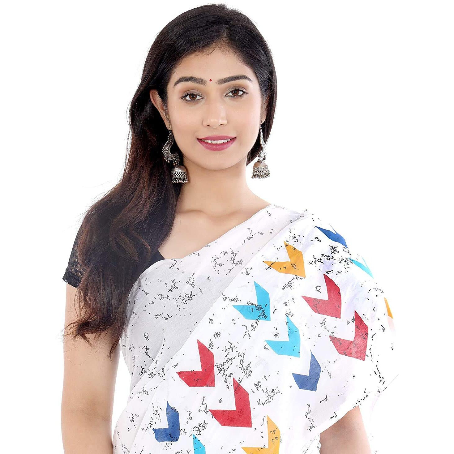 Kiaaron Womens Hand Block Kalamkari Batik Bagru Jaipuri Ikat Printed Handloom Pure Cotton Mulmul Traditional Ethnic Cotton Sarees With Printed Blouse Piece - White