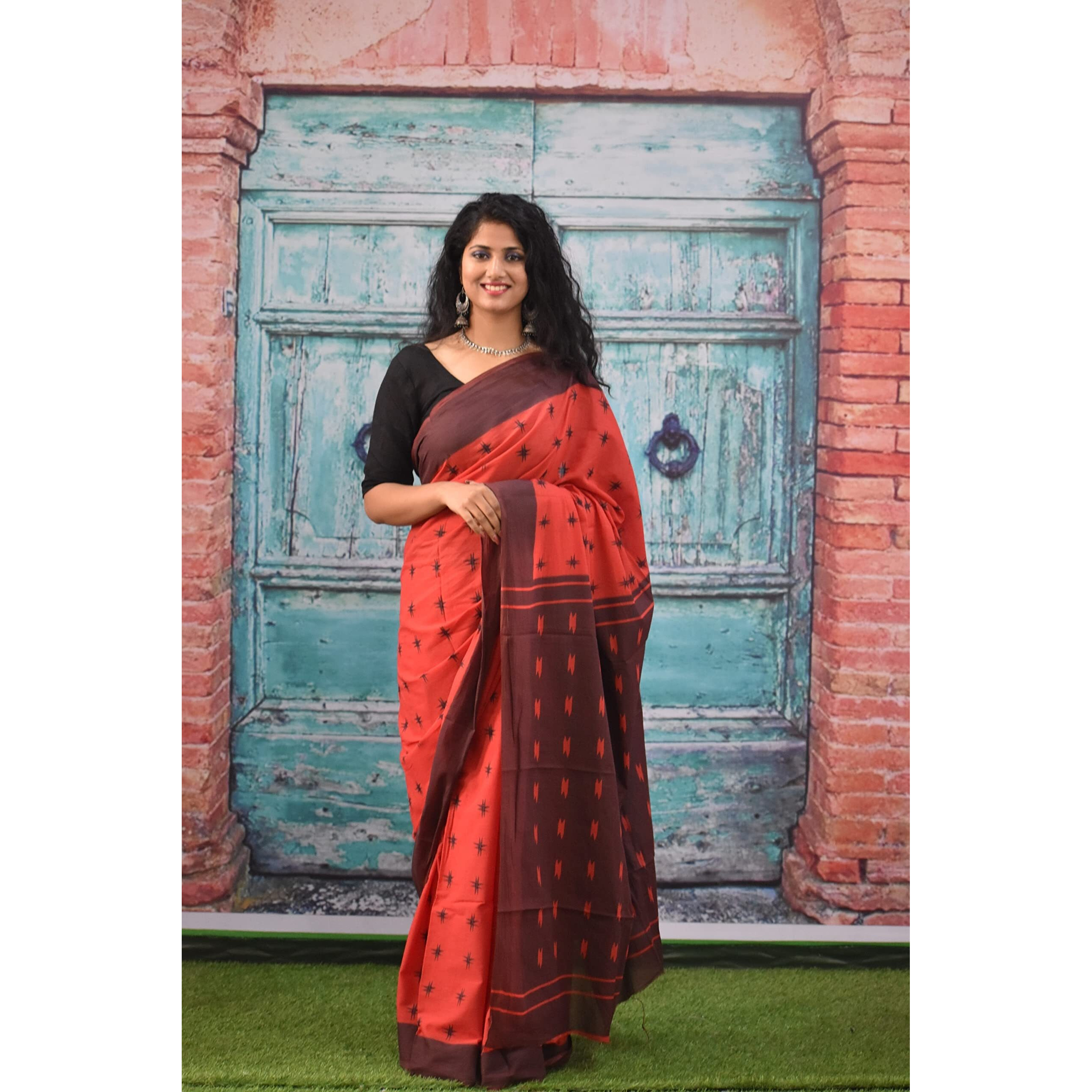 Kiaaron Womens Ikat Hand Block Print Jaipuri Cotton Mulmul Saree with Blouse Piece - Red_239