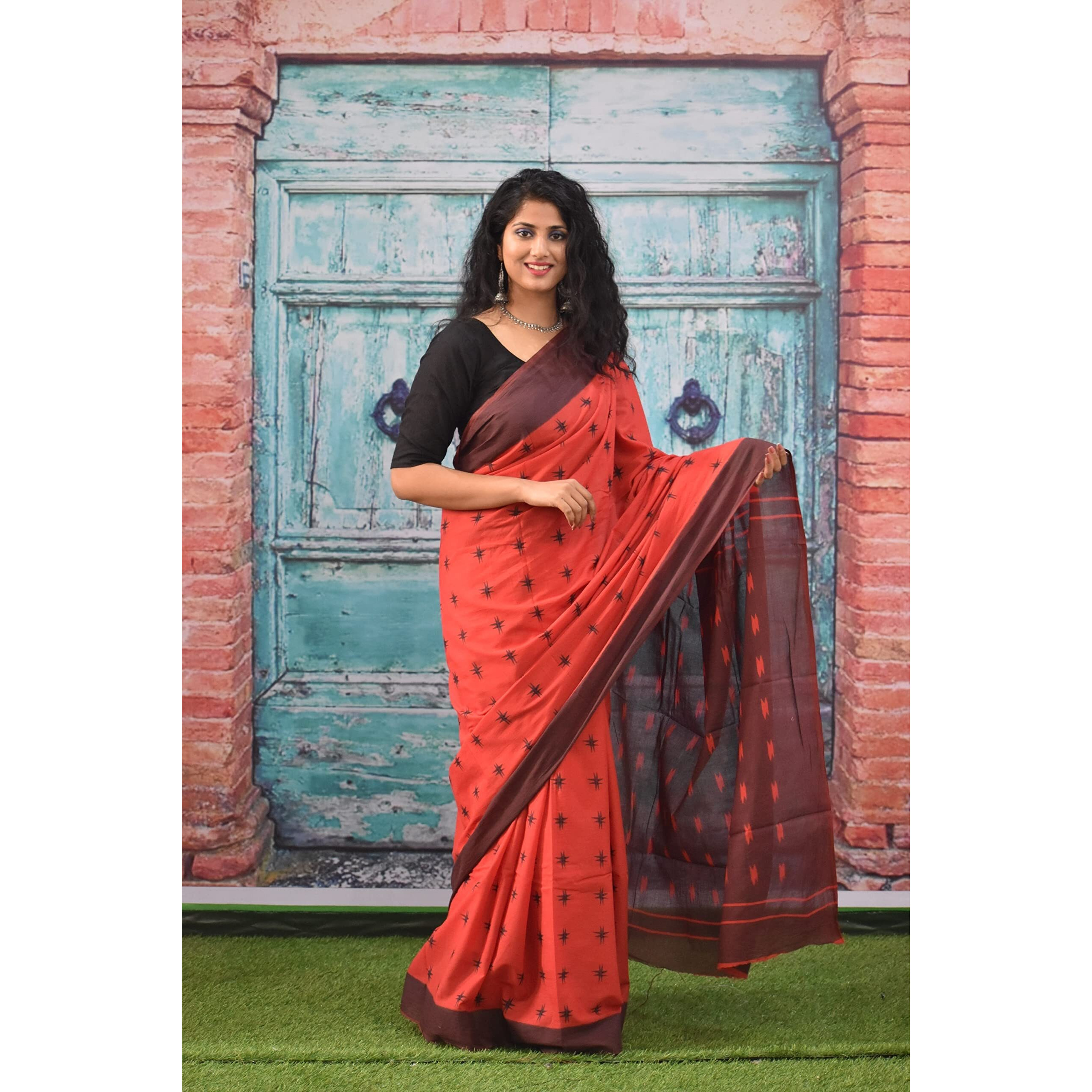 Kiaaron Womens Ikat Hand Block Print Jaipuri Cotton Mulmul Saree with Blouse Piece - Red_239