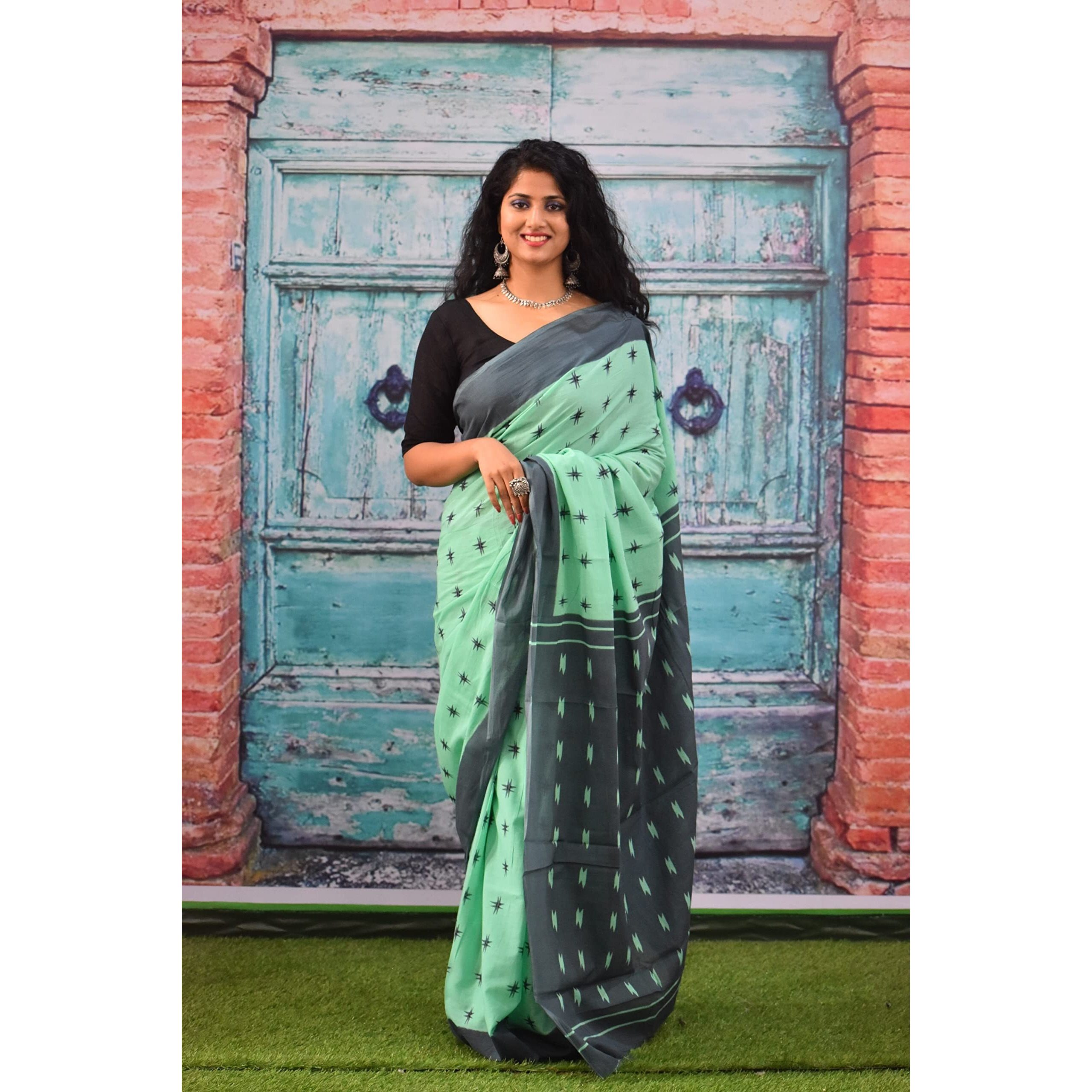 Kiaaron Womens Ikat Hand Block Print Jaipuri Cotton Mulmul Saree with Blouse Piece - Green_236
