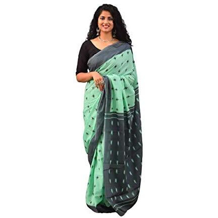 Kiaaron Womens Hand Block Kalamkari Batik Bagru Jaipuri Ikat Printed Handloom Pure Cotton Mulmul Traditional Ethnic Cotton Sarees With Printed Blouse Piece - Green_Grey