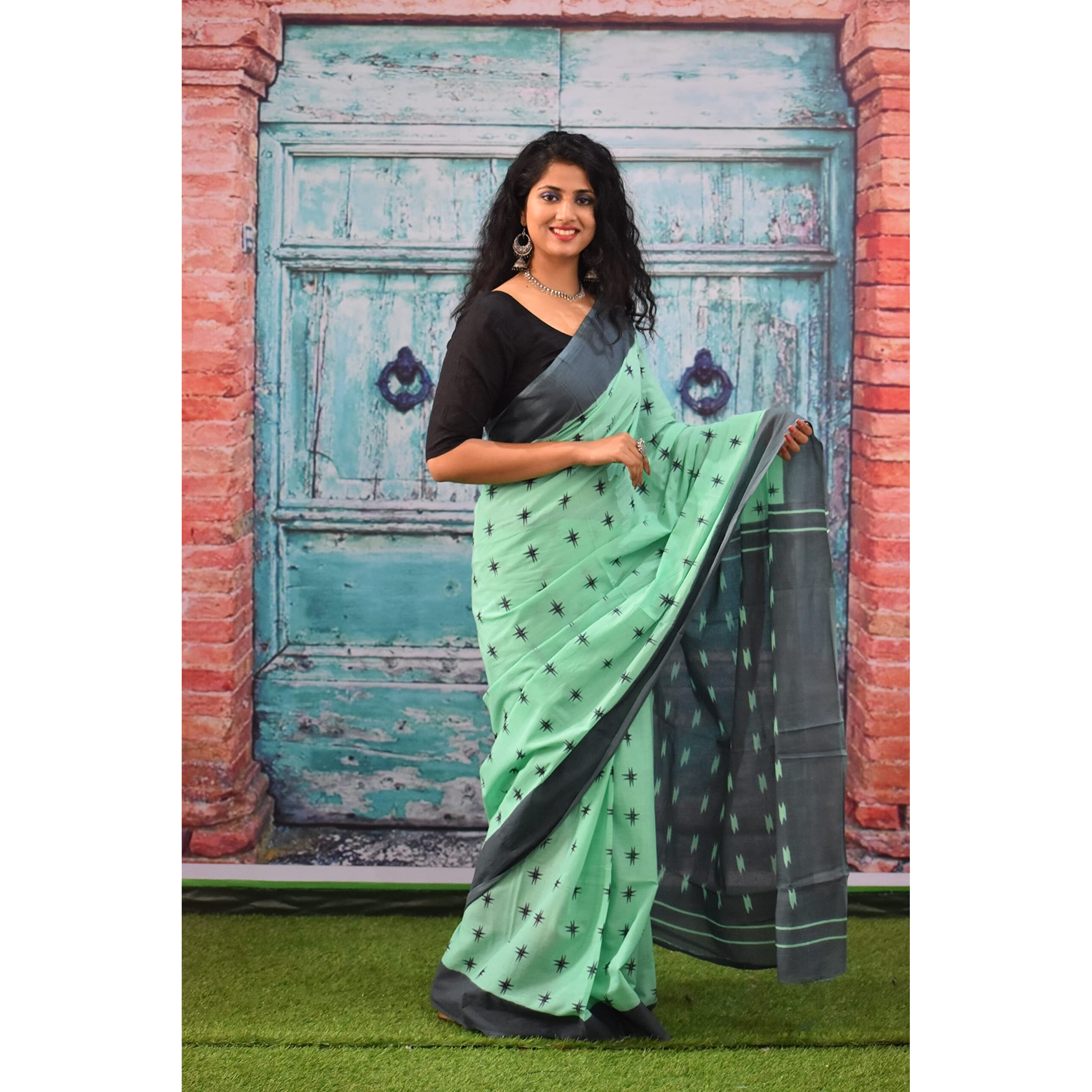 Kiaaron Womens Hand Block Kalamkari Batik Bagru Jaipuri Ikat Printed Handloom Pure Cotton Mulmul Traditional Ethnic Cotton Sarees With Printed Blouse Piece - Green_Grey