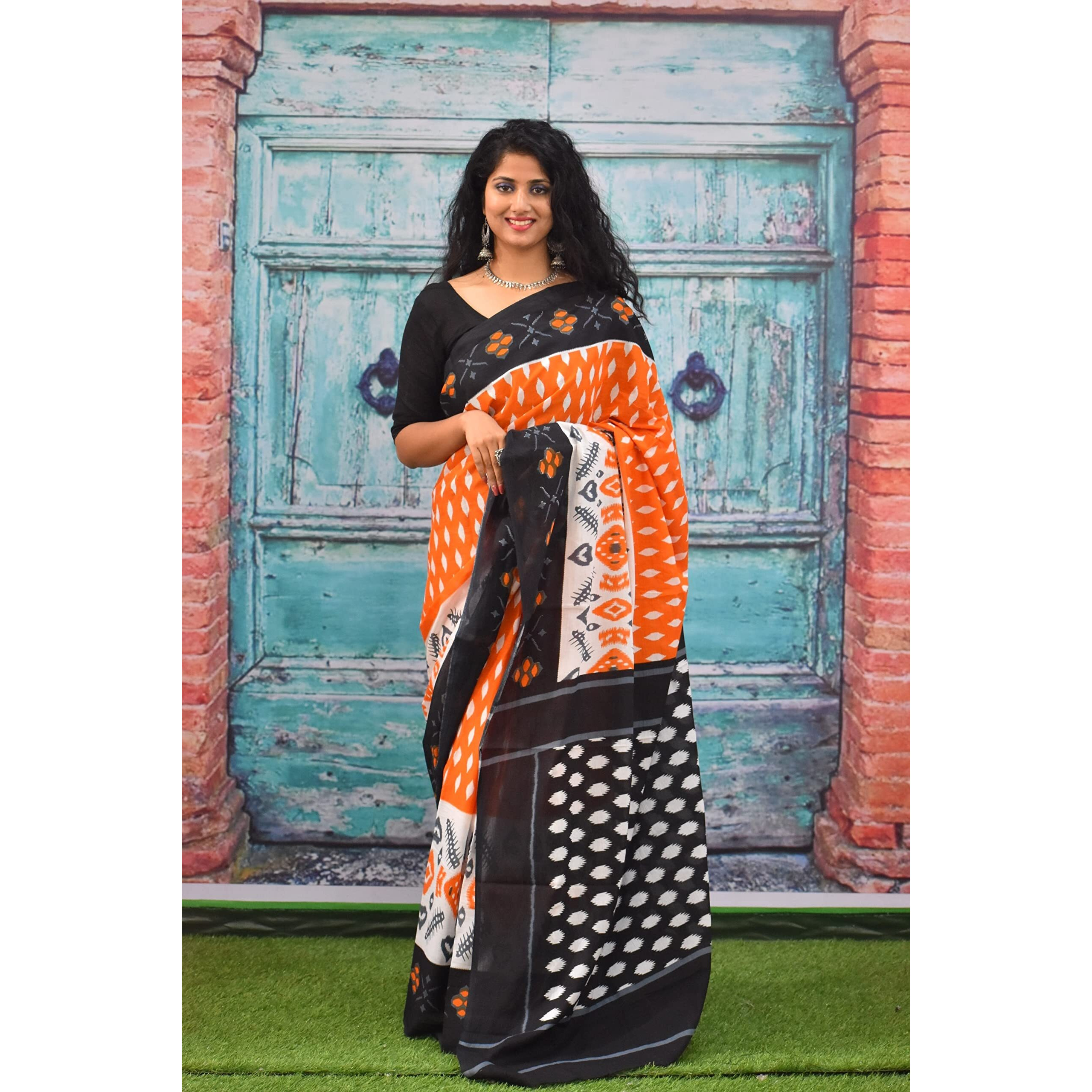 Kiaaron Womens Ikat Hand Block Print Jaipuri Cotton Mulmul Saree with Blouse Piece - Orange_232