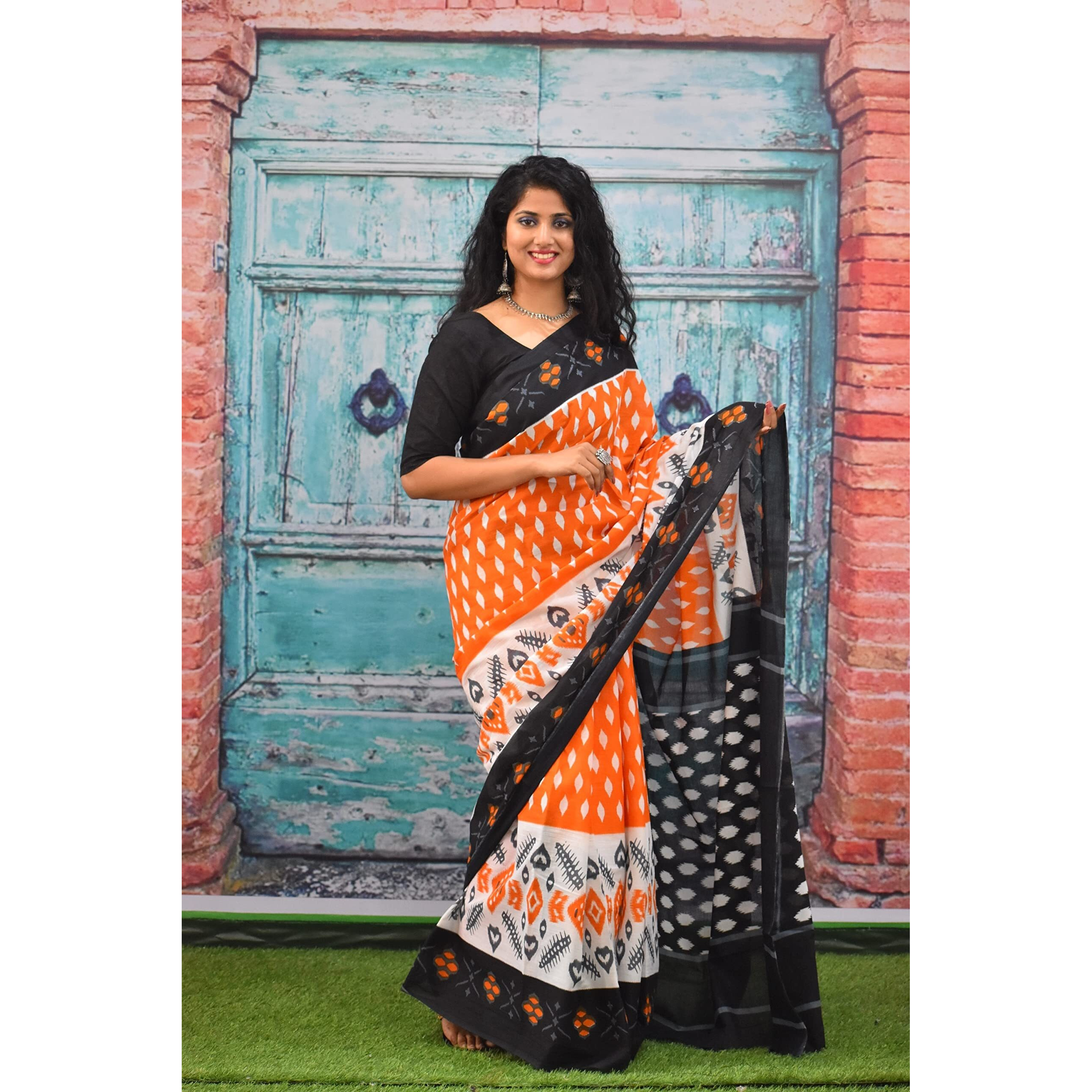 Kiaaron Womens Ikat Hand Block Print Jaipuri Cotton Mulmul Saree with Blouse Piece - Orange_232