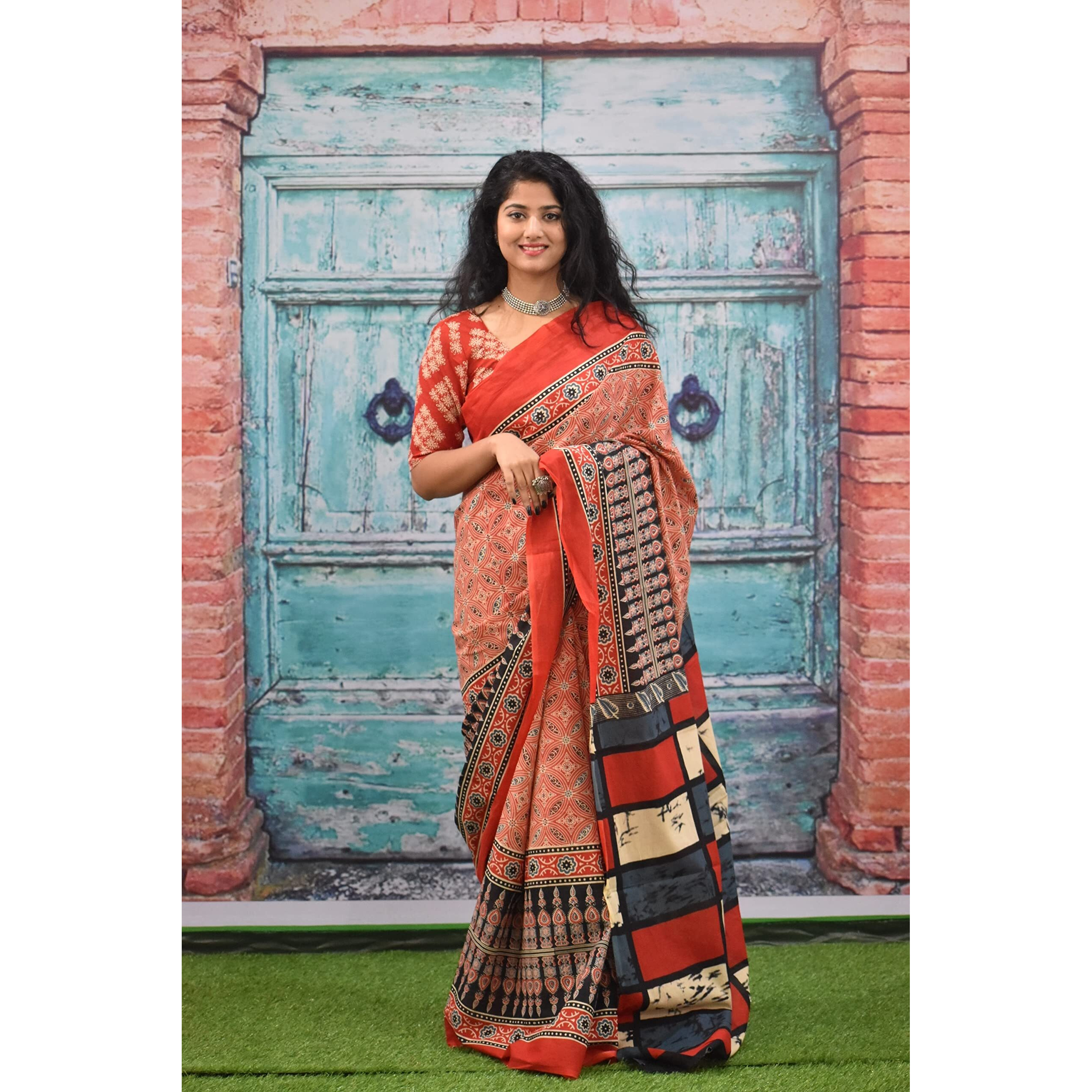Kiaaron Womens Ikat Hand Block Print Jaipuri Cotton Mulmul Saree with Blouse Piece - Red_435