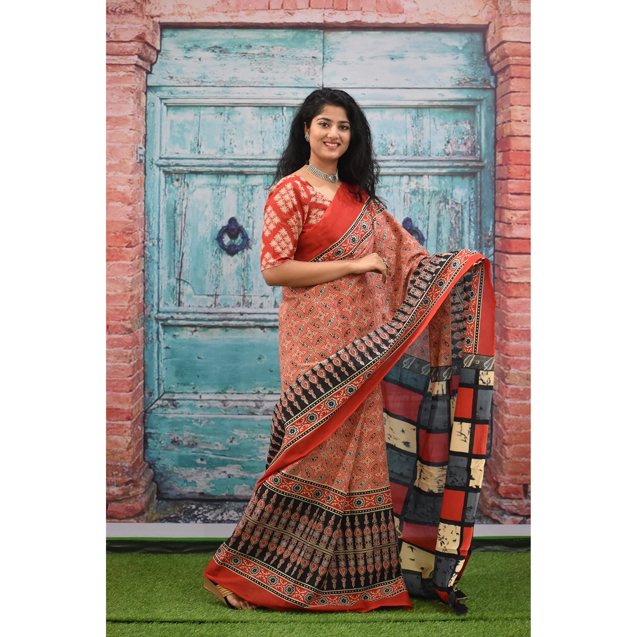 Kiaaron Womens Ikat Hand Block Print Jaipuri Cotton Mulmul Saree with Blouse Piece - Red_435