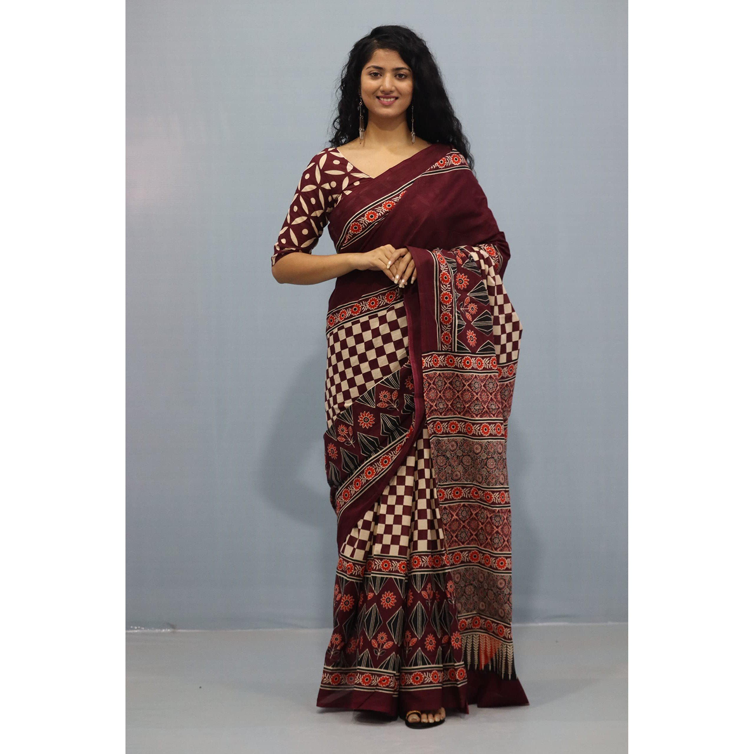Kiaaron Womens Ikat Hand Block Print Jaipuri Cotton Mulmul Saree with Blouse Piece - Maroon_454