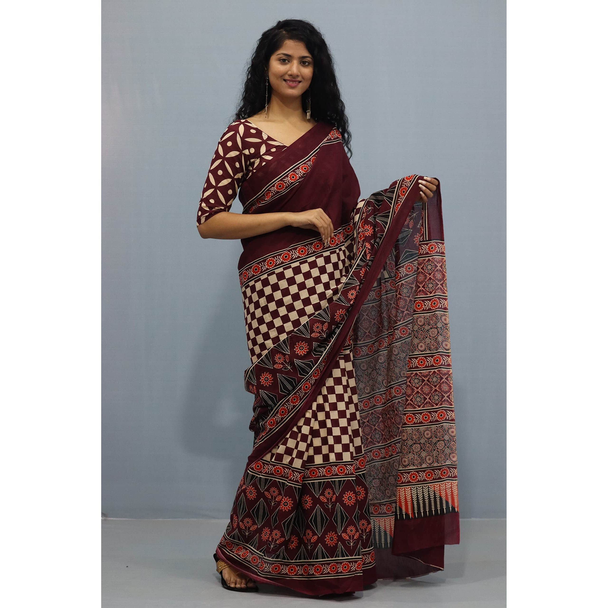 Kiaaron Womens Ikat Hand Block Print Jaipuri Cotton Mulmul Saree with Blouse Piece - Maroon_454