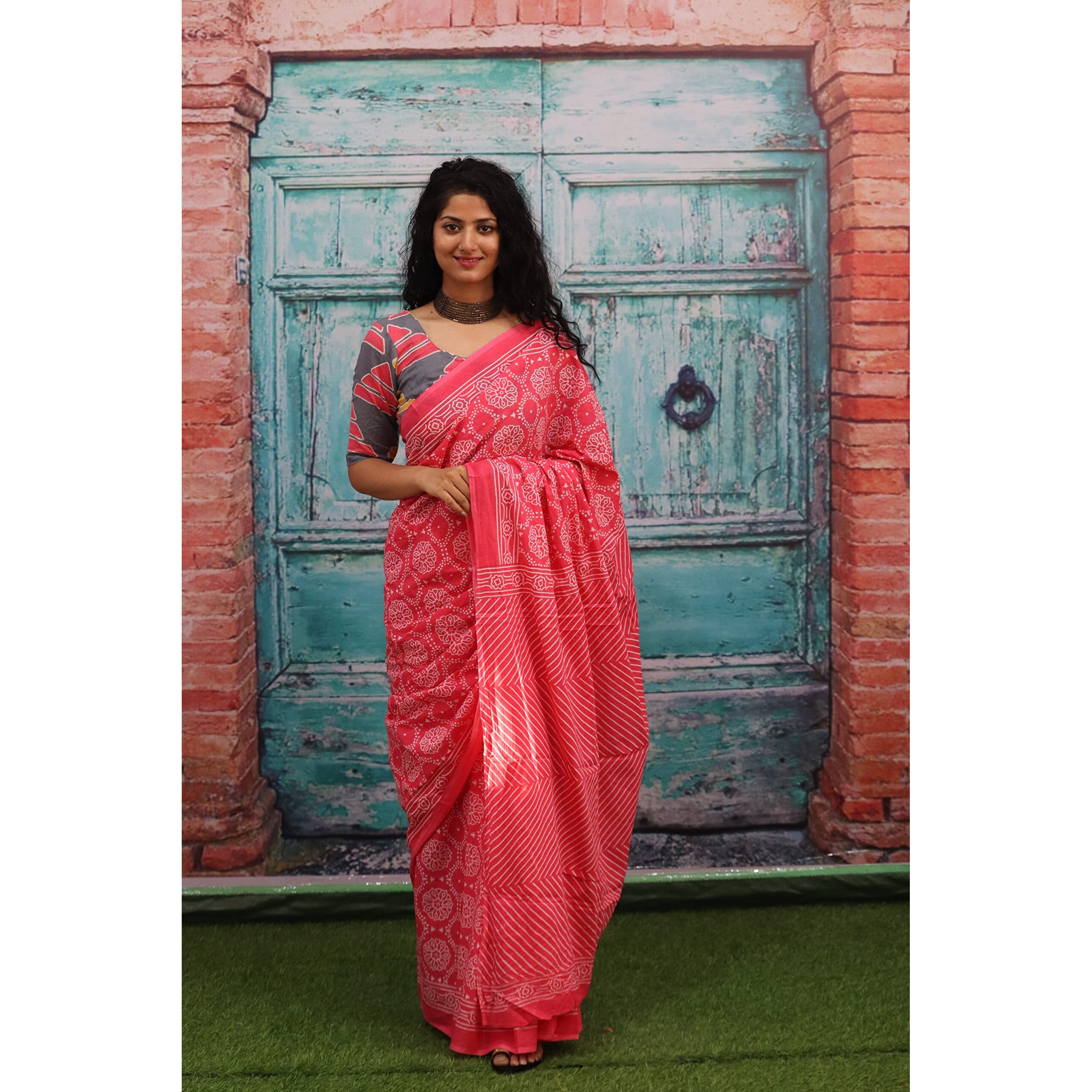 Kiaaron Womens Ikat Hand Block Print Jaipuri Cotton Mulmul Saree with Blouse Piece - Pink_445