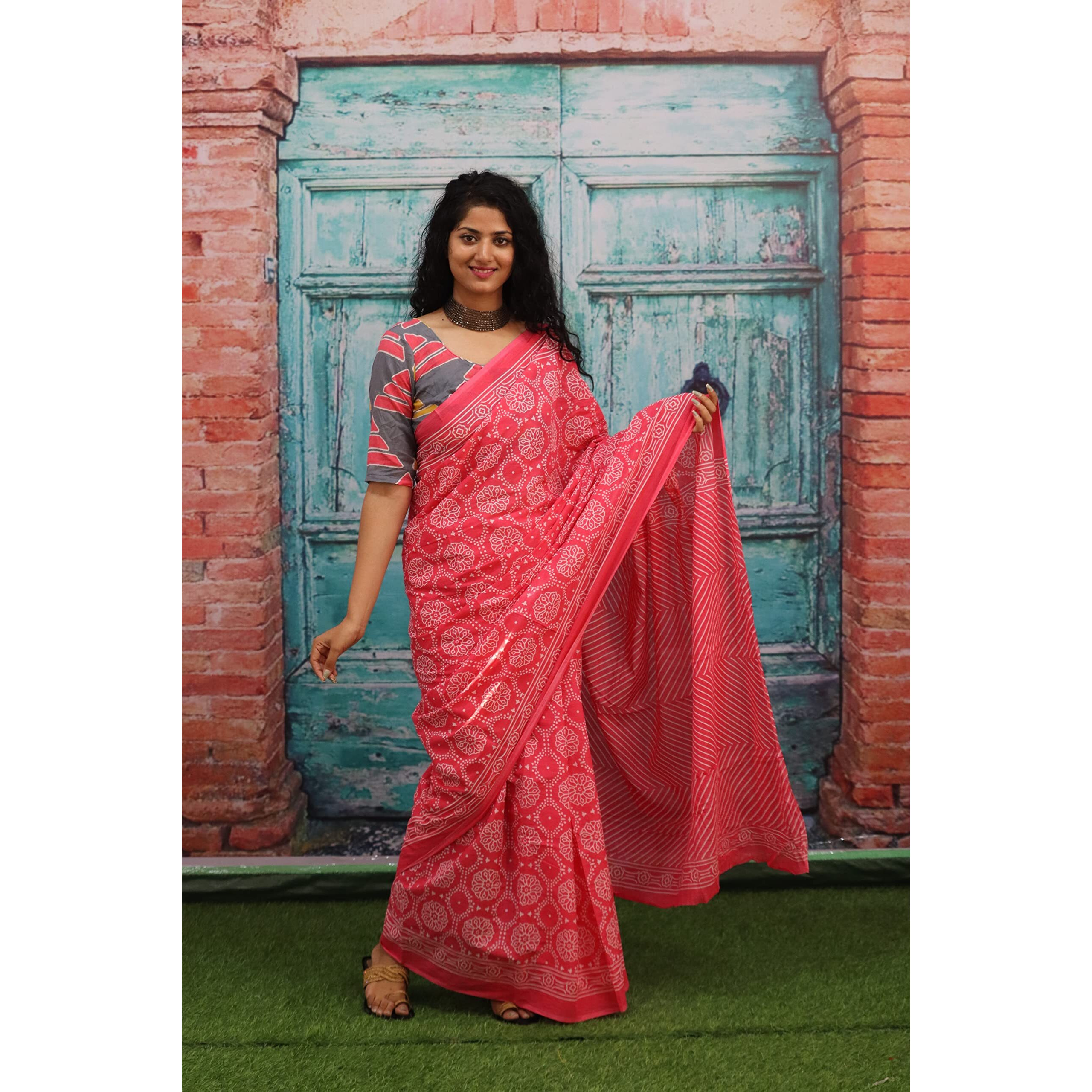 Kiaaron Womens Ikat Hand Block Print Jaipuri Cotton Mulmul Saree with Blouse Piece - Pink_445